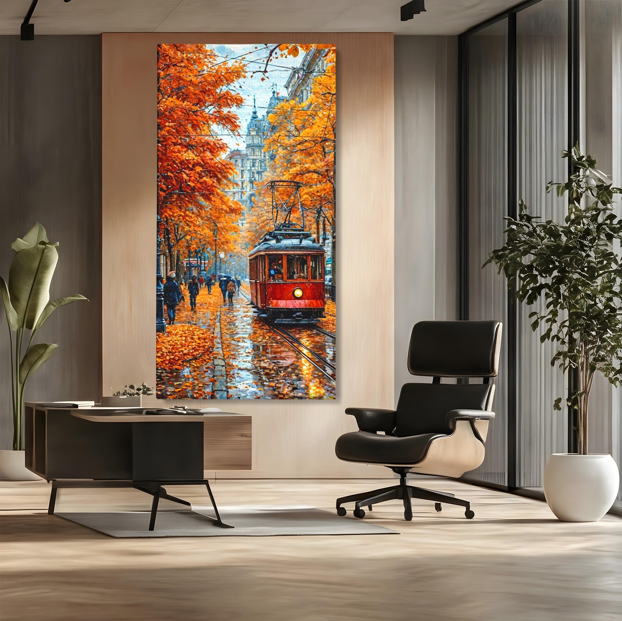 Tablou Canvas Premium LuxCanva® PI1139, Tramvai De Toamna, Sine, Calatorie, Oras, Peisaj Urban, Living, Culori Cald, Culori Vibrante