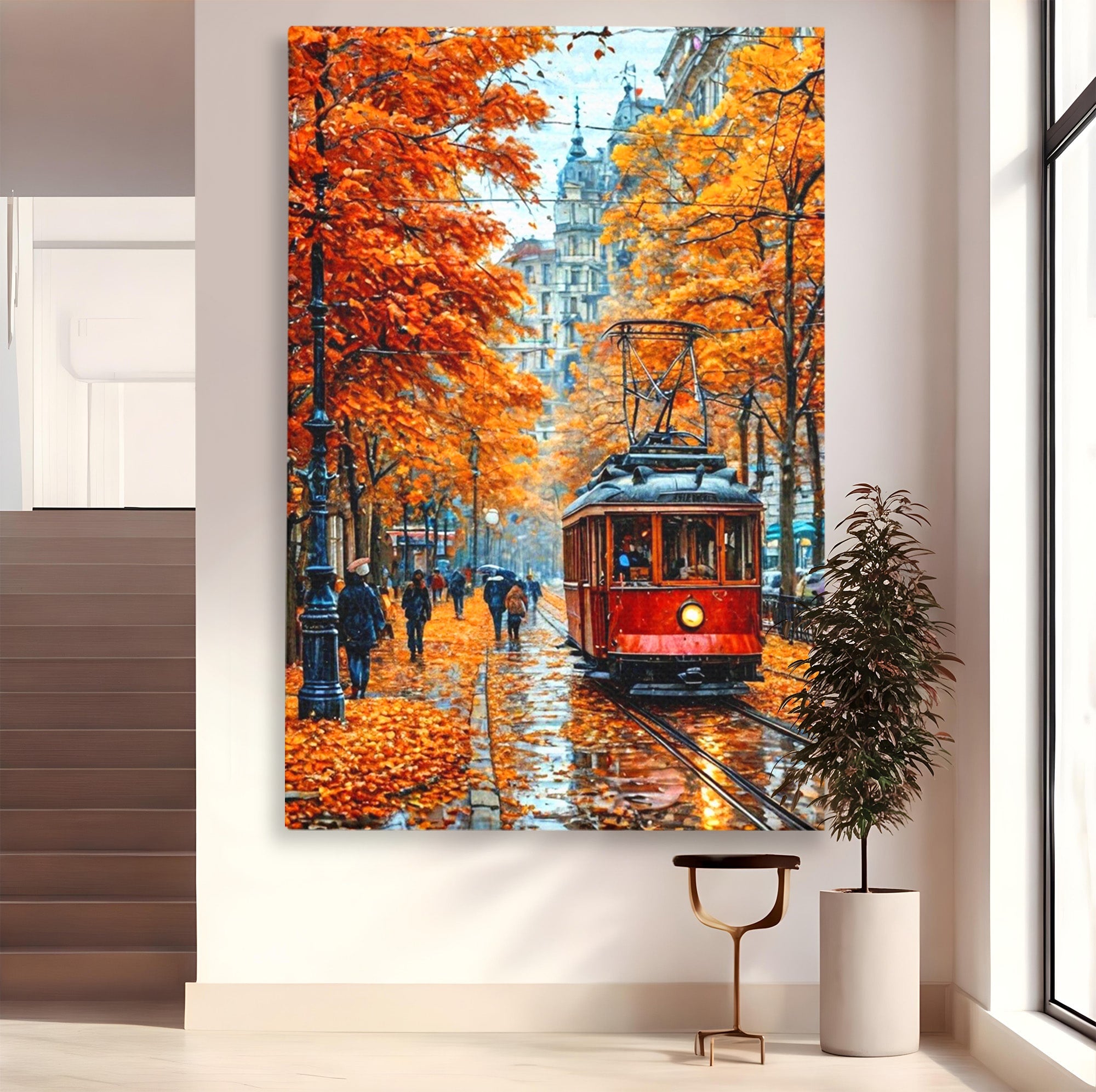 Tablou Canvas Premium LuxCanva® PI1139, Tramvai De Toamna, Sine, Calatorie, Oras, Peisaj Urban, Living, Culori Cald, Culori Vibrante
