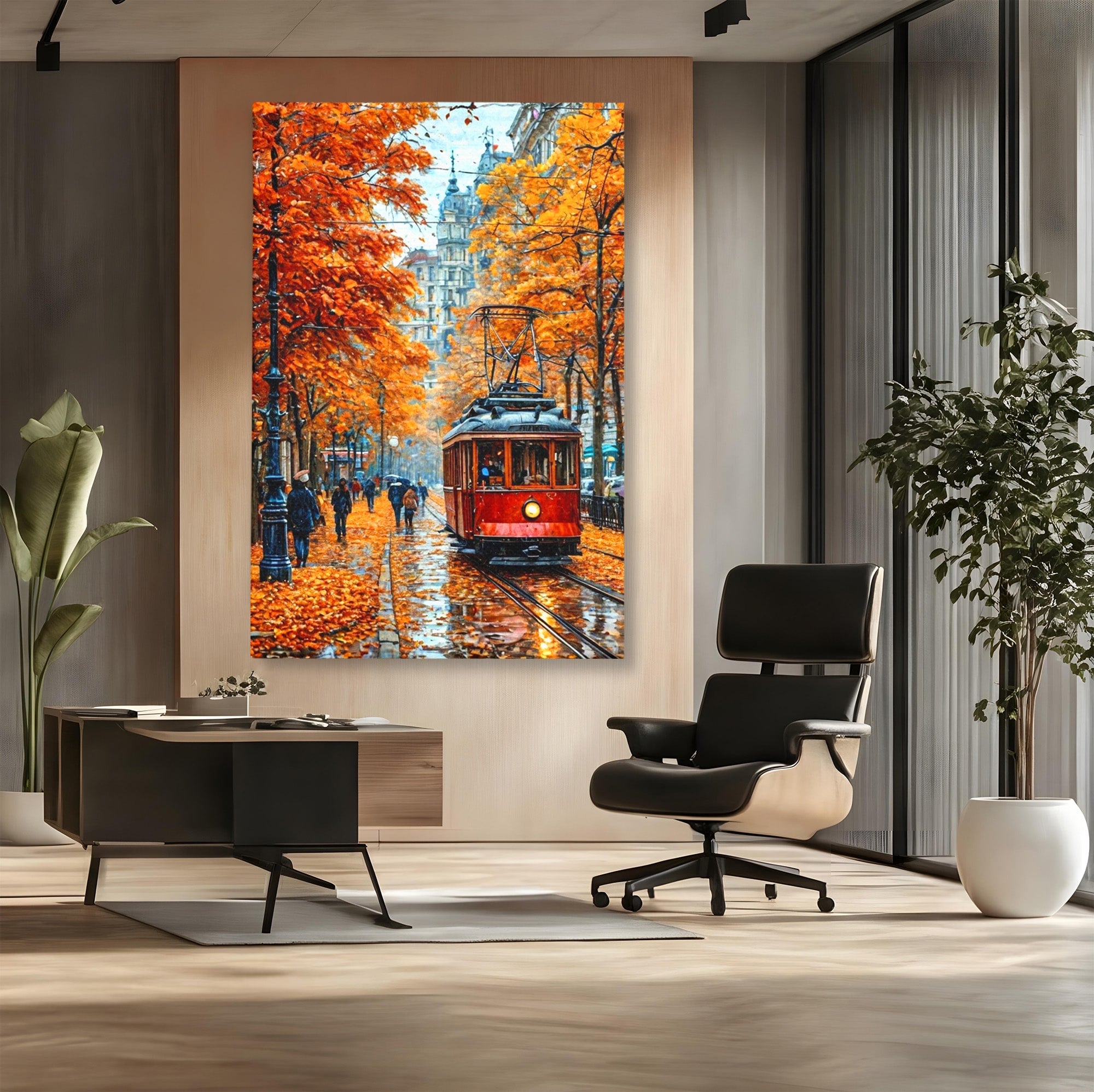 Tablou Canvas Premium LuxCanva® PI1139, Tramvai De Toamna, Sine, Calatorie, Oras, Peisaj Urban, Living, Culori Cald, Culori Vibrante