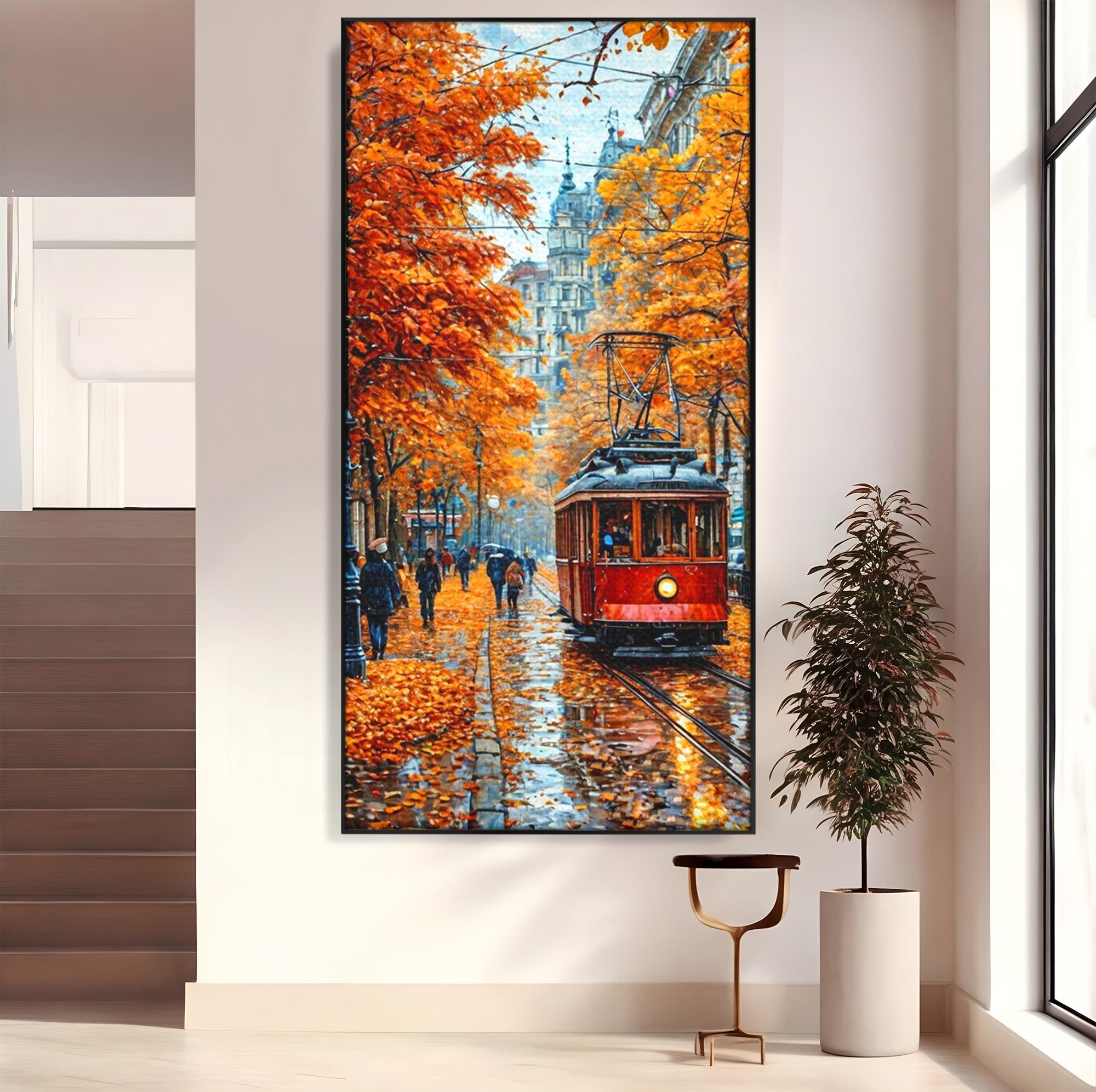 Tablou Canvas Premium LuxCanva® PI1139, Tramvai De Toamna, Sine, Calatorie, Oras, Peisaj Urban, Living, Culori Cald, Culori Vibrante