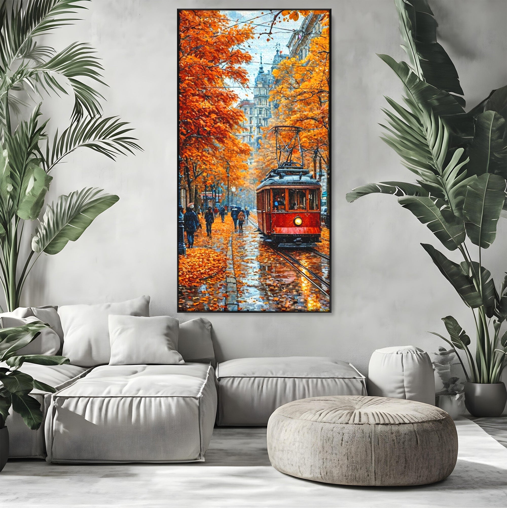 Tablou Canvas Premium LuxCanva® PI1139, Tramvai De Toamna, Sine, Calatorie, Oras, Peisaj Urban, Living, Culori Cald, Culori Vibrante