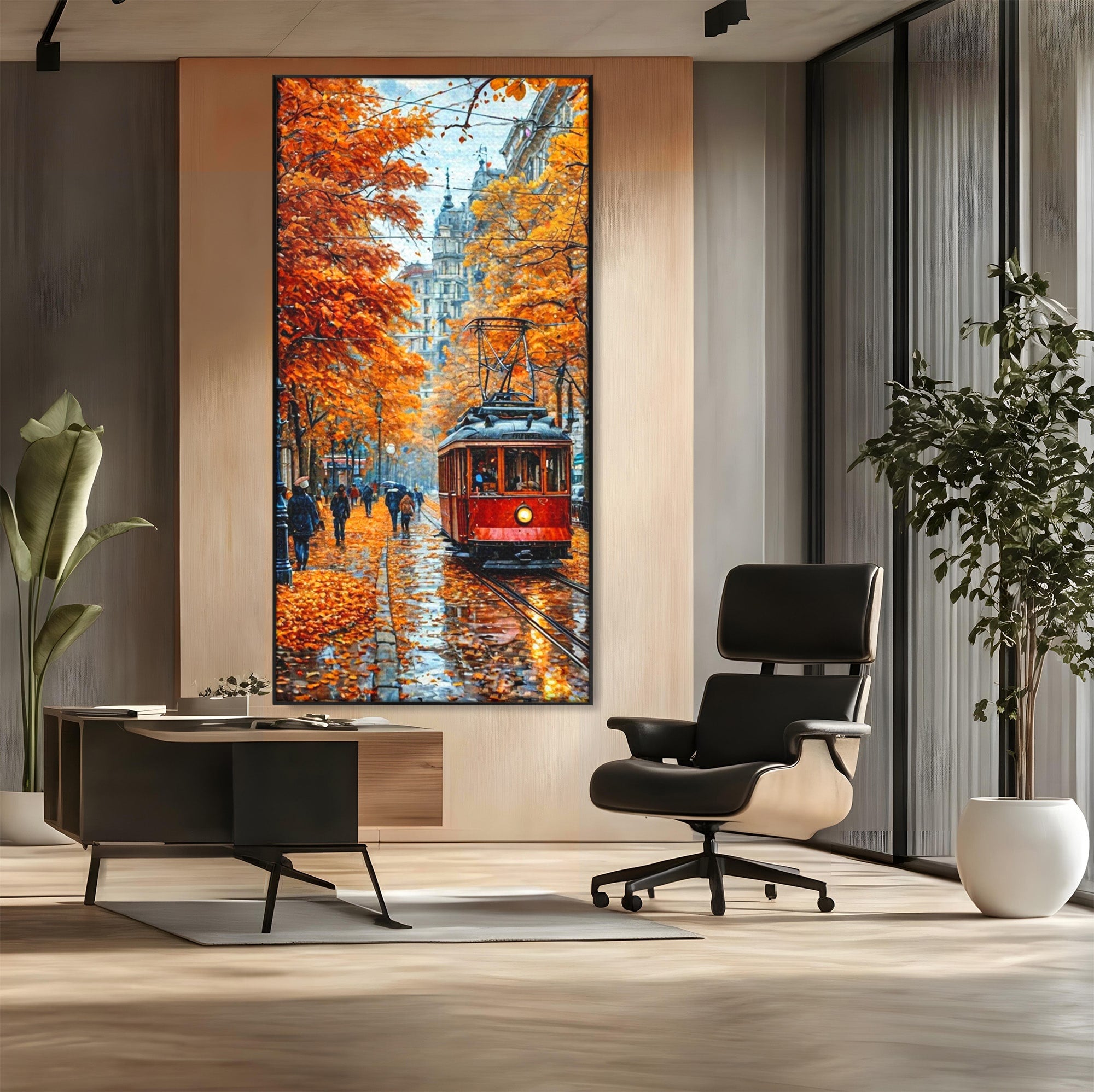 Tablou Canvas Premium LuxCanva® PI1139, Tramvai De Toamna, Sine, Calatorie, Oras, Peisaj Urban, Living, Culori Cald, Culori Vibrante