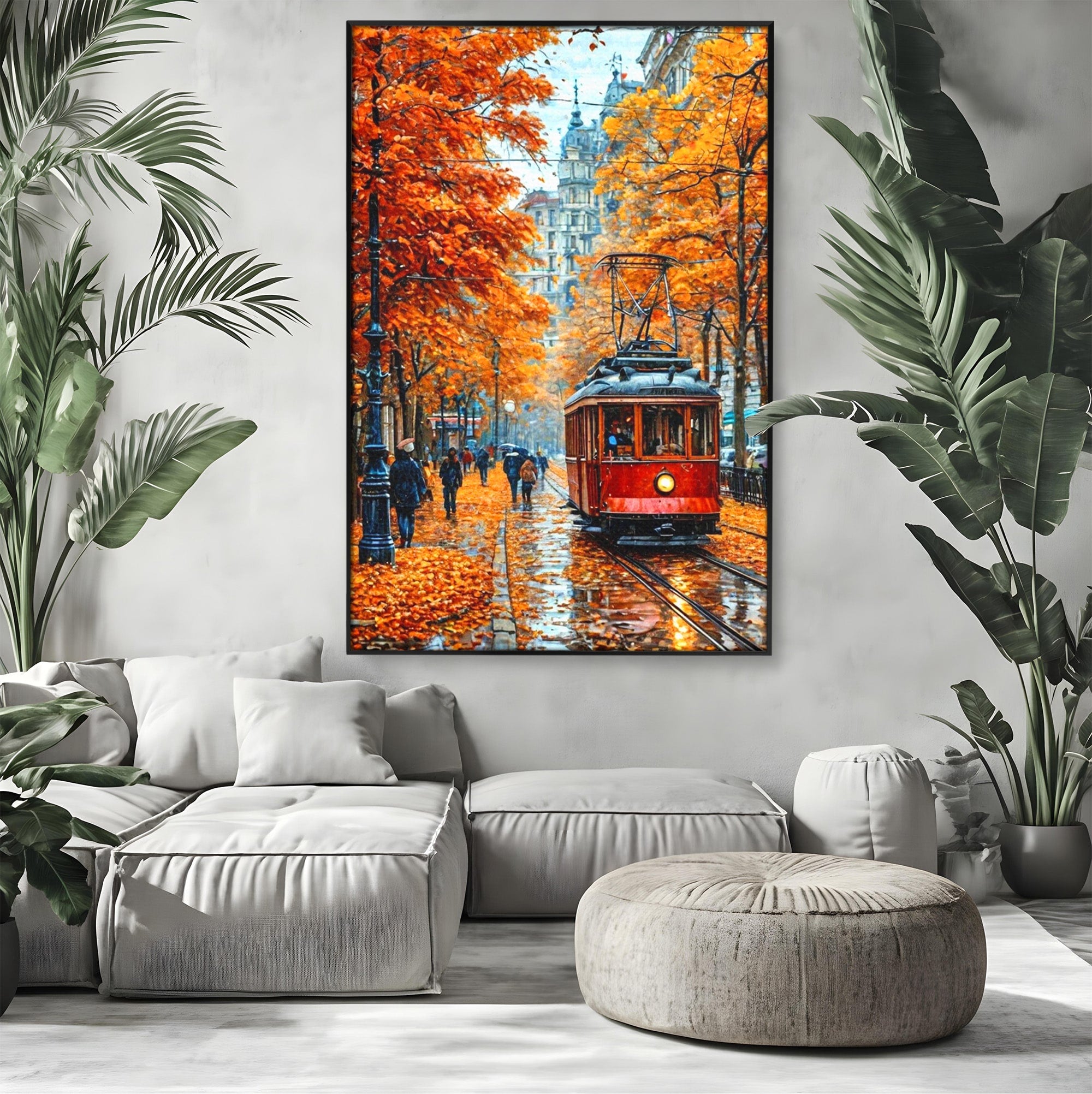 Tablou Canvas Premium LuxCanva® PI1139, Tramvai De Toamna, Sine, Calatorie, Oras, Peisaj Urban, Living, Culori Cald, Culori Vibrante