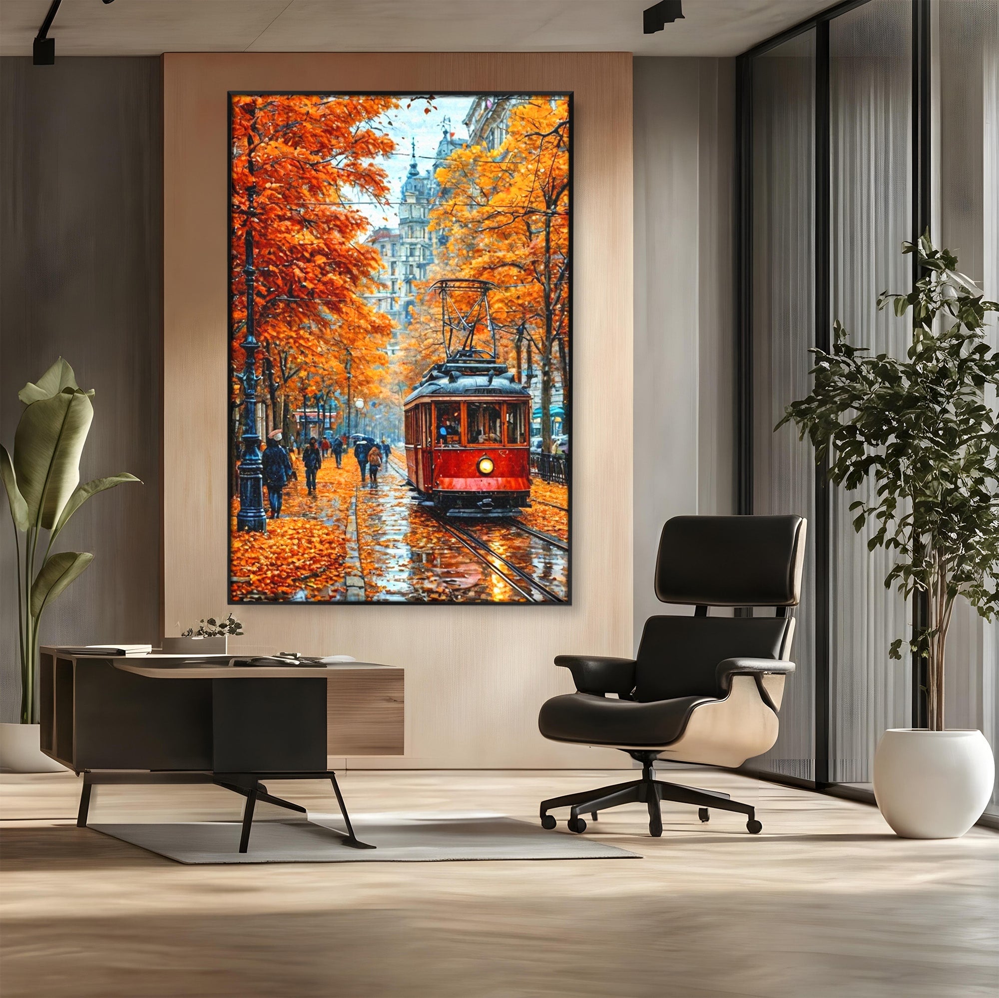 Tablou Canvas Premium LuxCanva® PI1139, Tramvai De Toamna, Sine, Calatorie, Oras, Peisaj Urban, Living, Culori Cald, Culori Vibrante