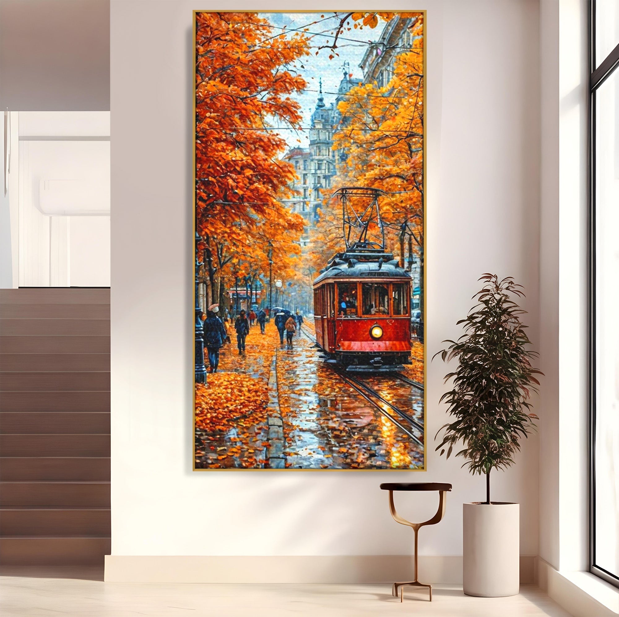 Tablou Canvas Premium LuxCanva® PI1139, Tramvai De Toamna, Sine, Calatorie, Oras, Peisaj Urban, Living, Culori Cald, Culori Vibrante