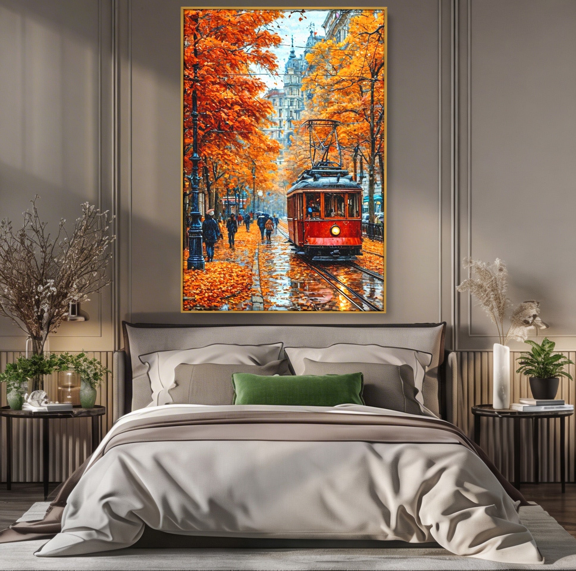 Tablou Canvas Premium LuxCanva® PI1139, Tramvai De Toamna, Sine, Calatorie, Oras, Peisaj Urban, Living, Culori Cald, Culori Vibrante