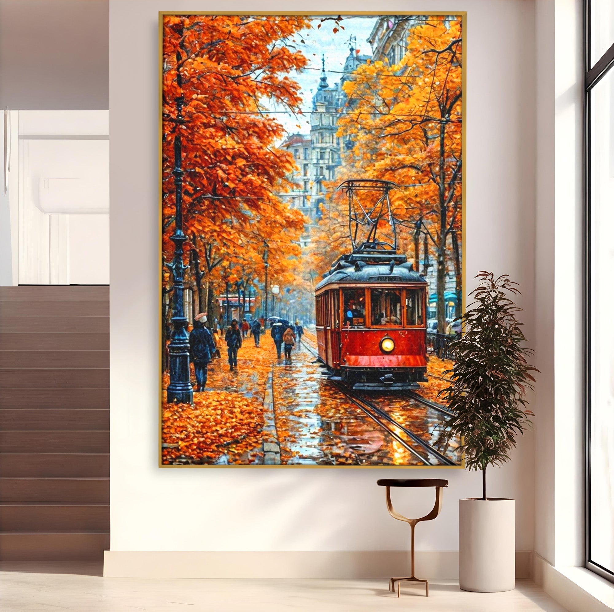 Tablou Canvas Premium LuxCanva® PI1139, Tramvai De Toamna, Sine, Calatorie, Oras, Peisaj Urban, Living, Culori Cald, Culori Vibrante
