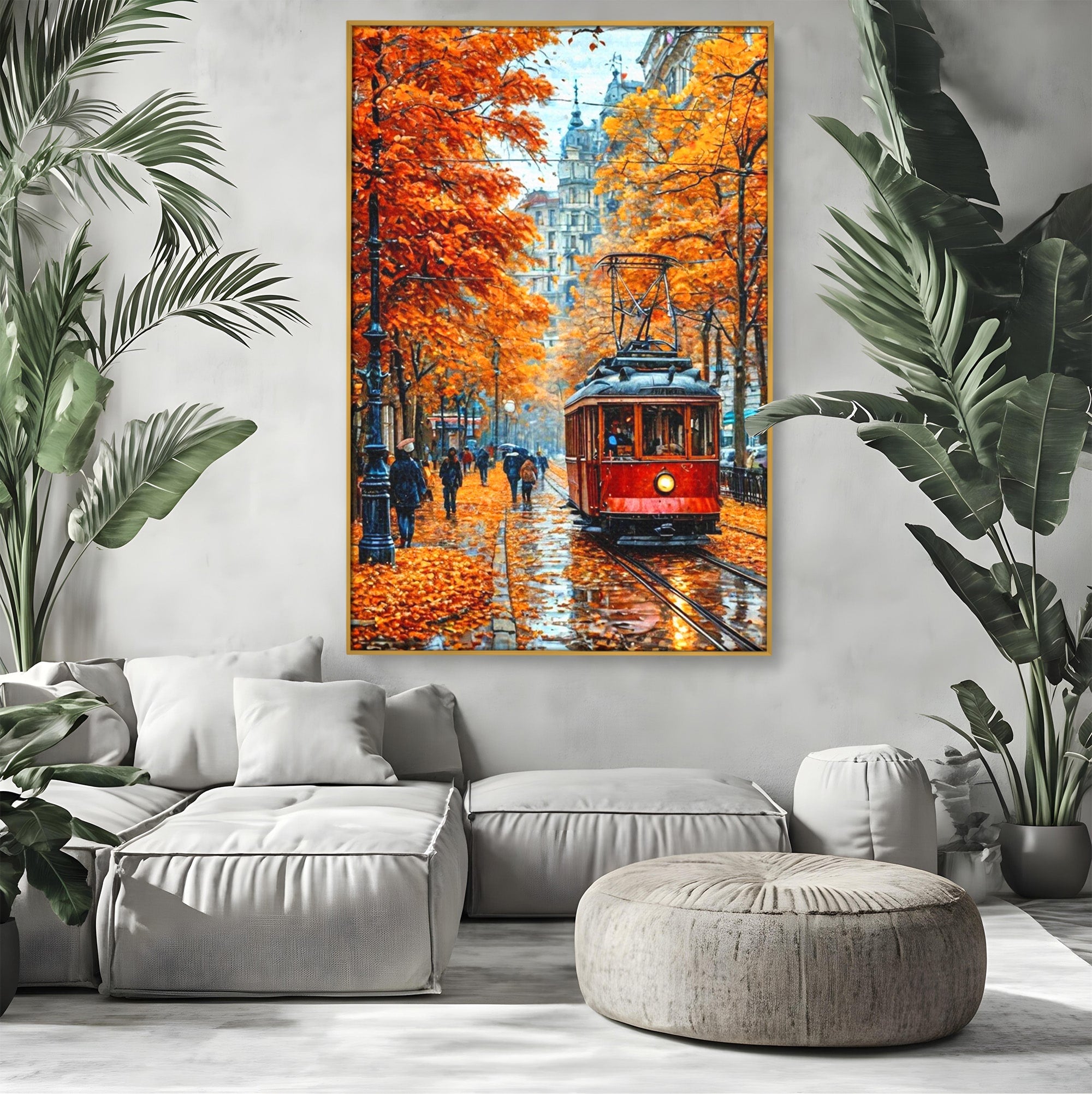 Tablou Canvas Premium LuxCanva® PI1139, Tramvai De Toamna, Sine, Calatorie, Oras, Peisaj Urban, Living, Culori Cald, Culori Vibrante