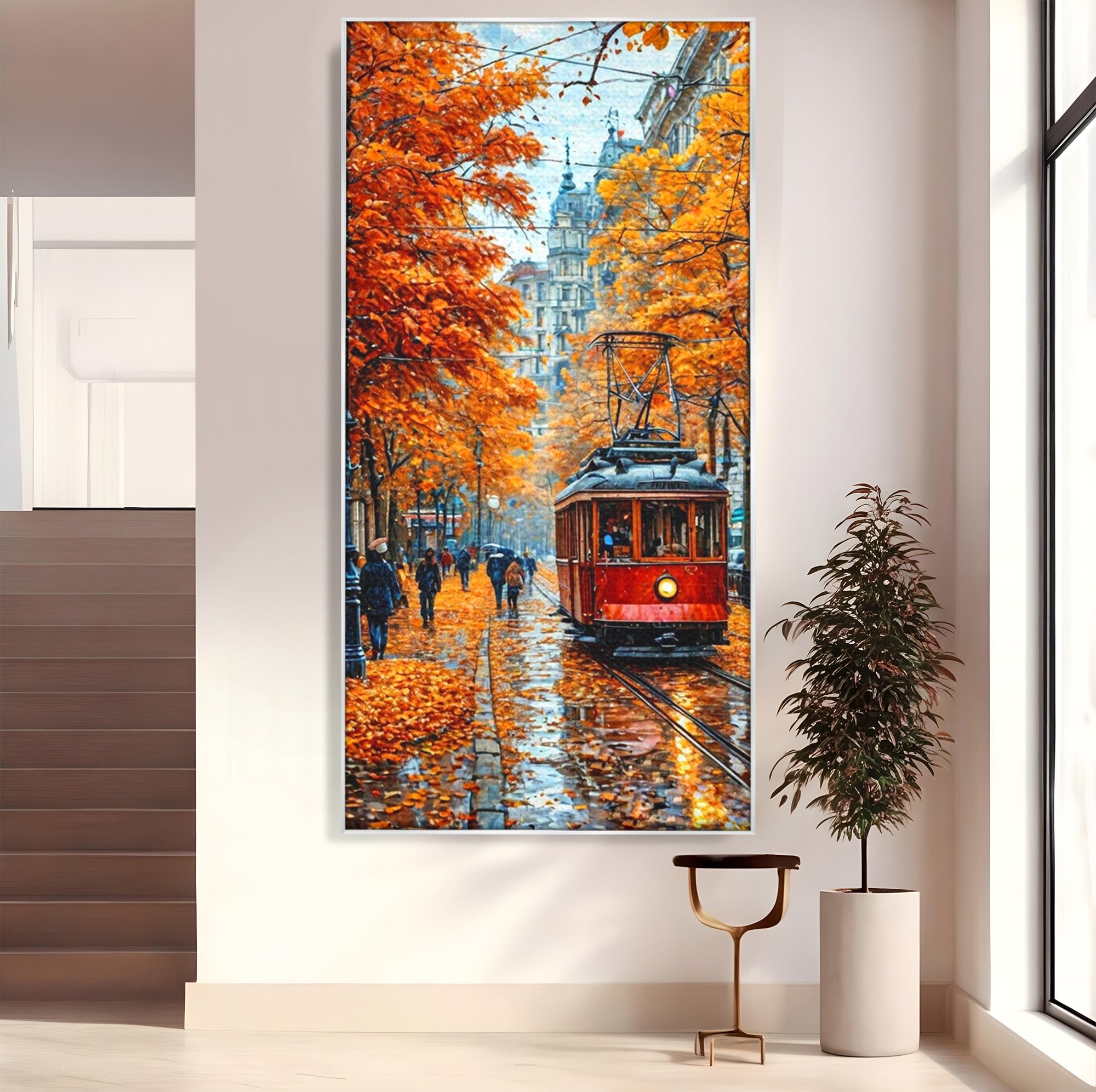 Tablou Canvas Premium LuxCanva® PI1139, Tramvai De Toamna, Sine, Calatorie, Oras, Peisaj Urban, Living, Culori Cald, Culori Vibrante