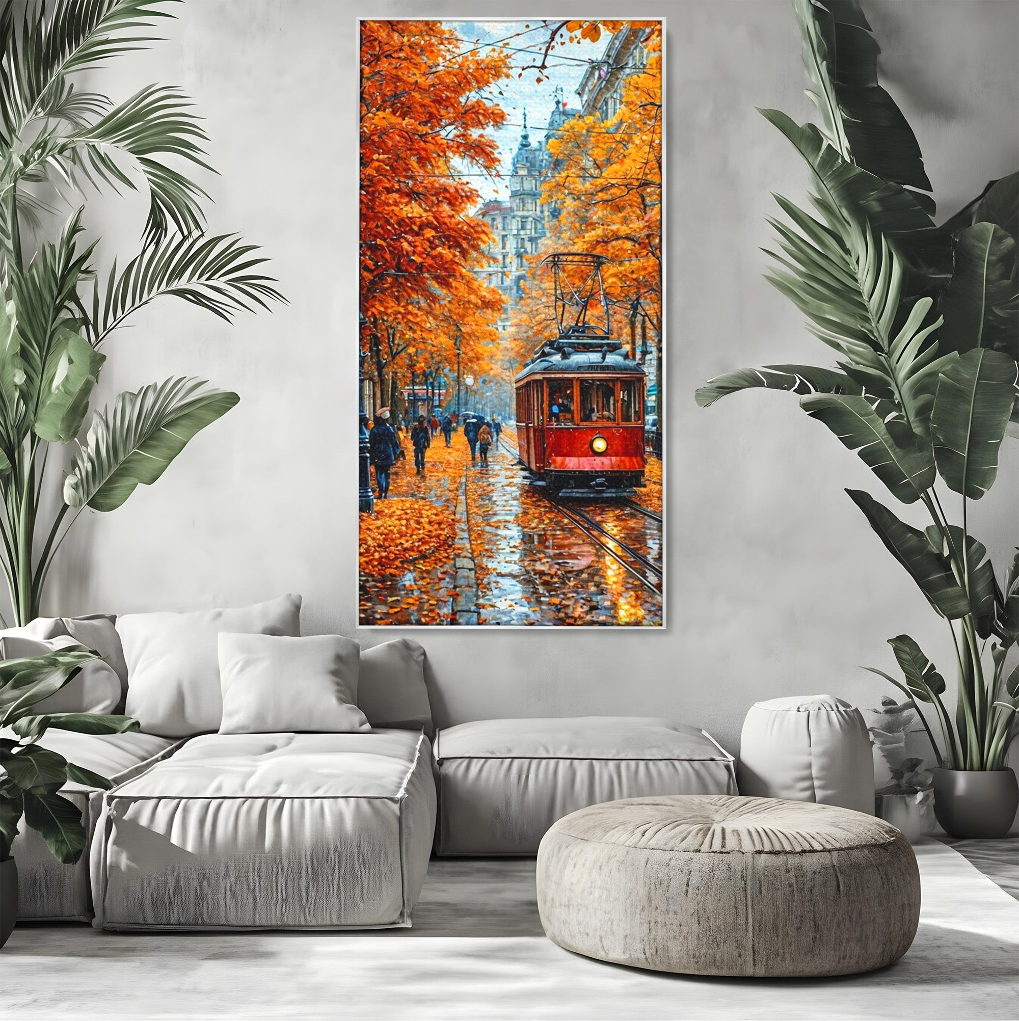 Tablou Canvas Premium LuxCanva® PI1139, Tramvai De Toamna, Sine, Calatorie, Oras, Peisaj Urban, Living, Culori Cald, Culori Vibrante