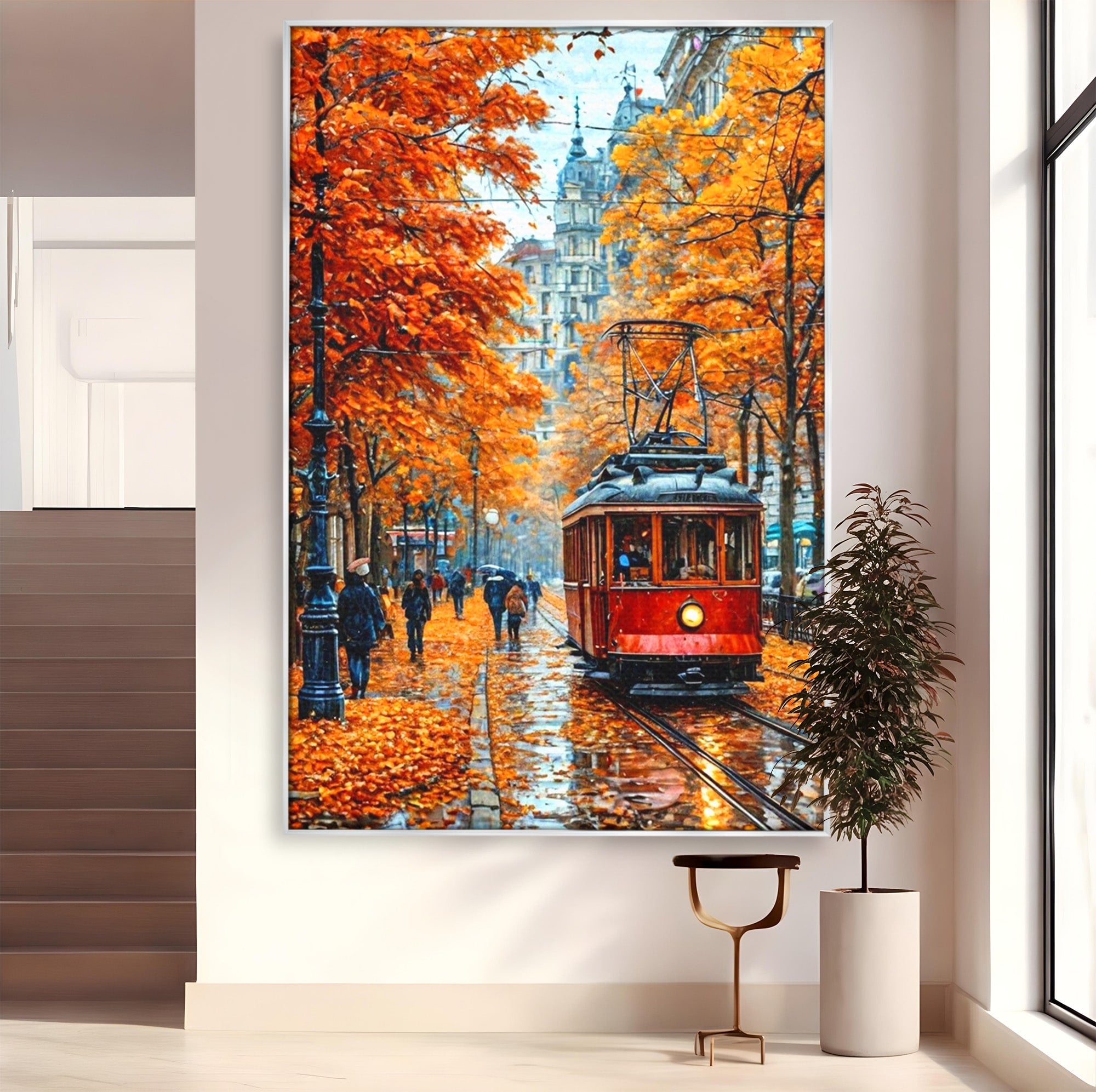 Tablou Canvas Premium LuxCanva® PI1139, Tramvai De Toamna, Sine, Calatorie, Oras, Peisaj Urban, Living, Culori Cald, Culori Vibrante