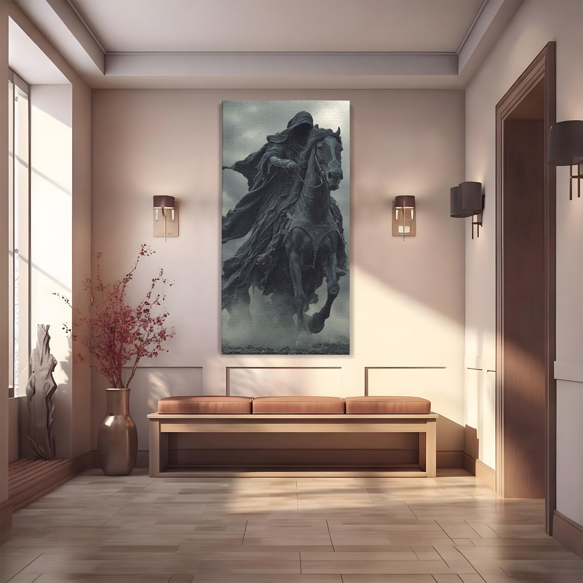 Tablou Canvas Premium LuxCanva® PI1140, Cavalerul Intunecat, Soldat, Cal, Fantezie, Intuneric, Mister, Living, Dormitor, Culori Vibrante