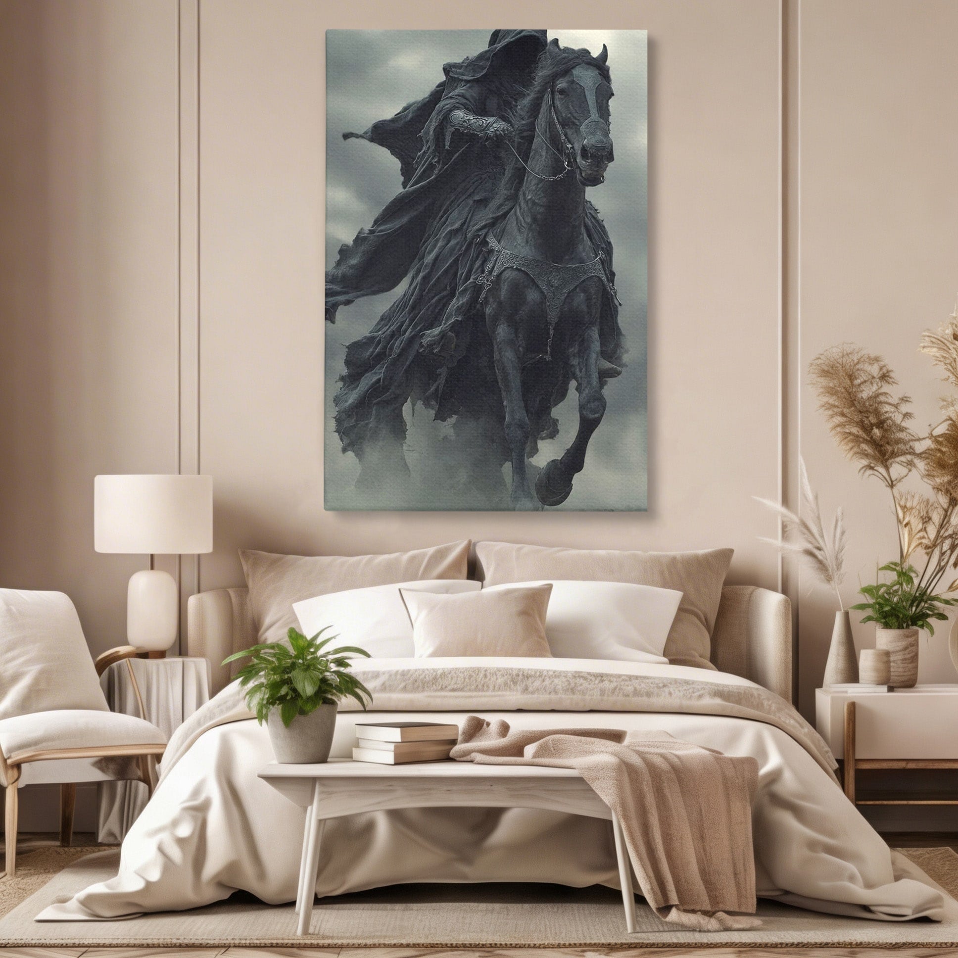 Tablou Canvas Premium LuxCanva® PI1140, Cavalerul Intunecat, Soldat, Cal, Fantezie, Intuneric, Mister, Living, Dormitor, Culori Vibrante
