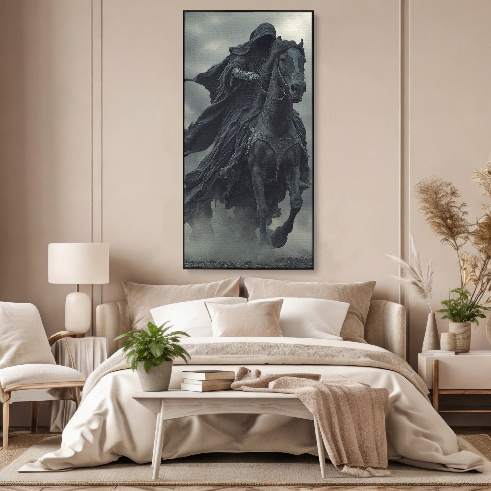 Tablou Canvas Premium LuxCanva® PI1140, Cavalerul Intunecat, Soldat, Cal, Fantezie, Intuneric, Mister, Living, Dormitor, Culori Vibrante