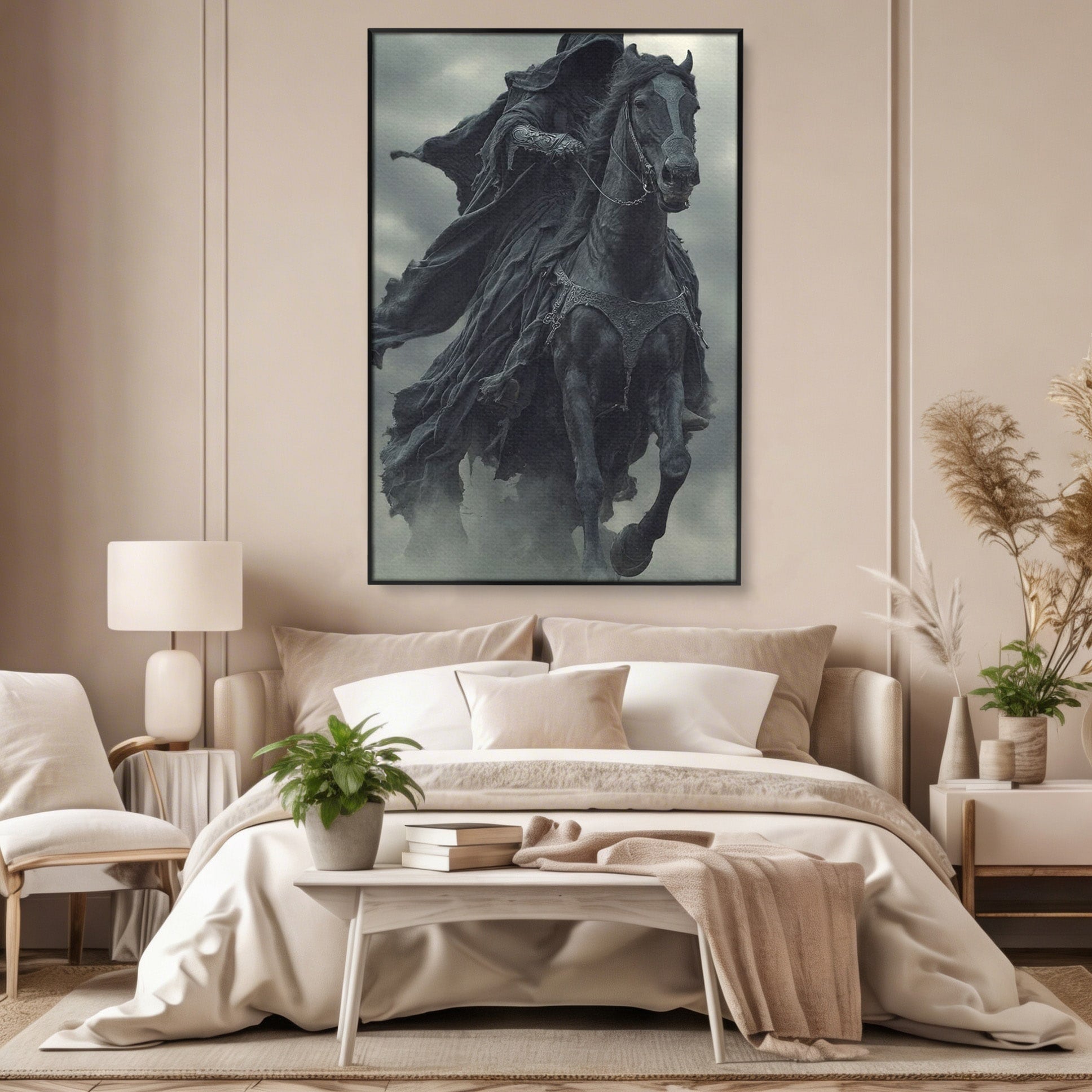 Tablou Canvas Premium LuxCanva® PI1140, Cavalerul Intunecat, Soldat, Cal, Fantezie, Intuneric, Mister, Living, Dormitor, Culori Vibrante
