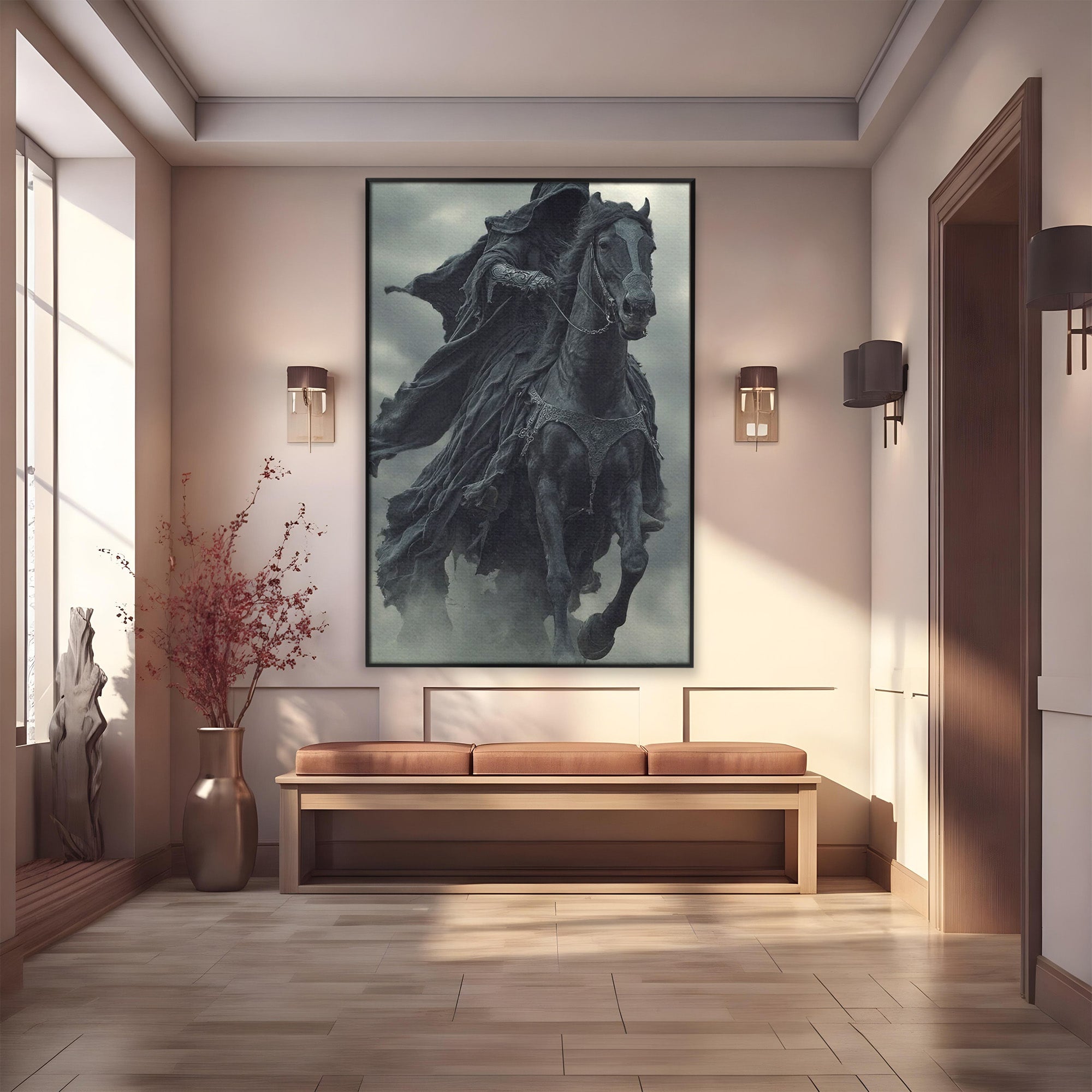 Tablou Canvas Premium LuxCanva® PI1140, Cavalerul Intunecat, Soldat, Cal, Fantezie, Intuneric, Mister, Living, Dormitor, Culori Vibrante
