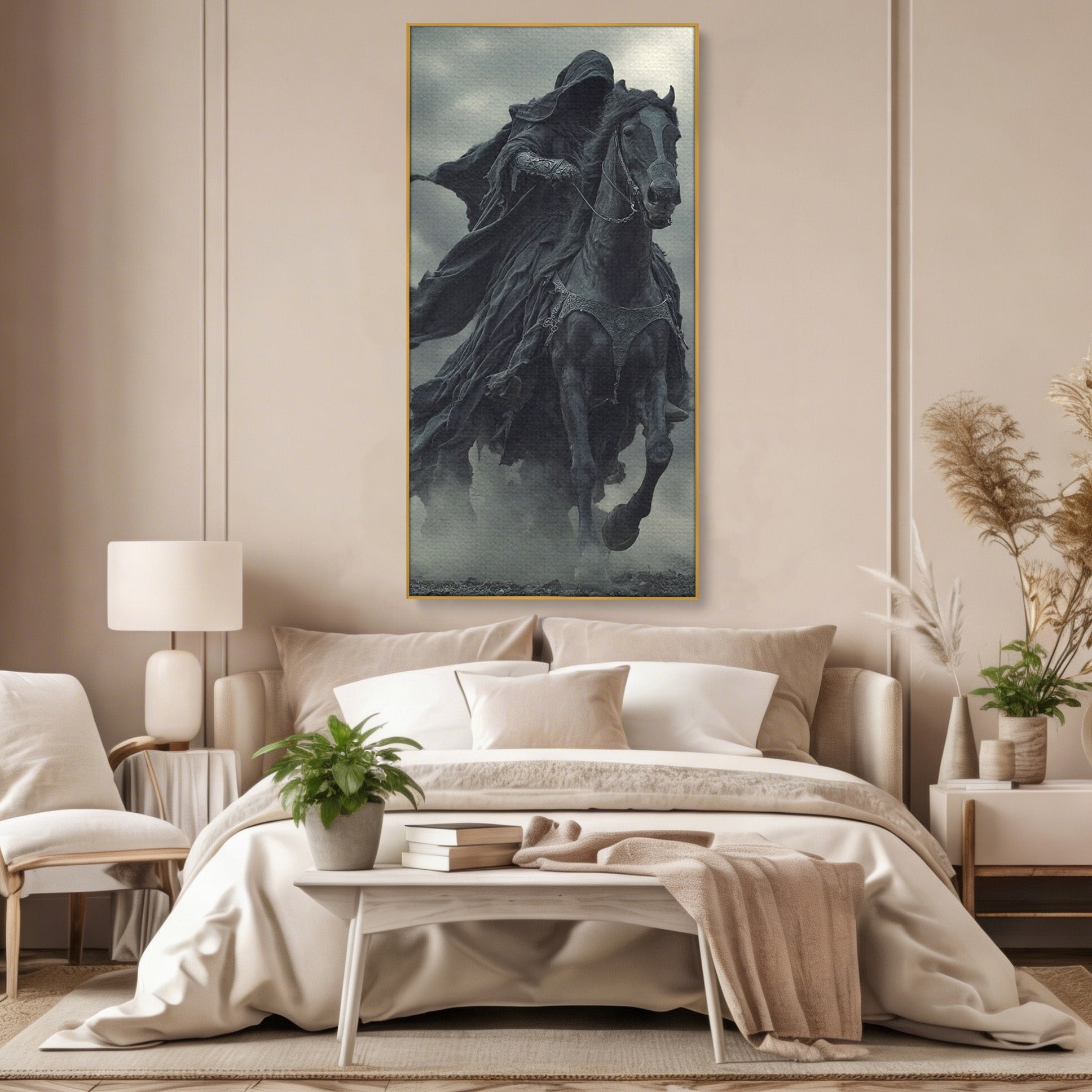 Tablou Canvas Premium LuxCanva® PI1140, Cavalerul Intunecat, Soldat, Cal, Fantezie, Intuneric, Mister, Living, Dormitor, Culori Vibrante