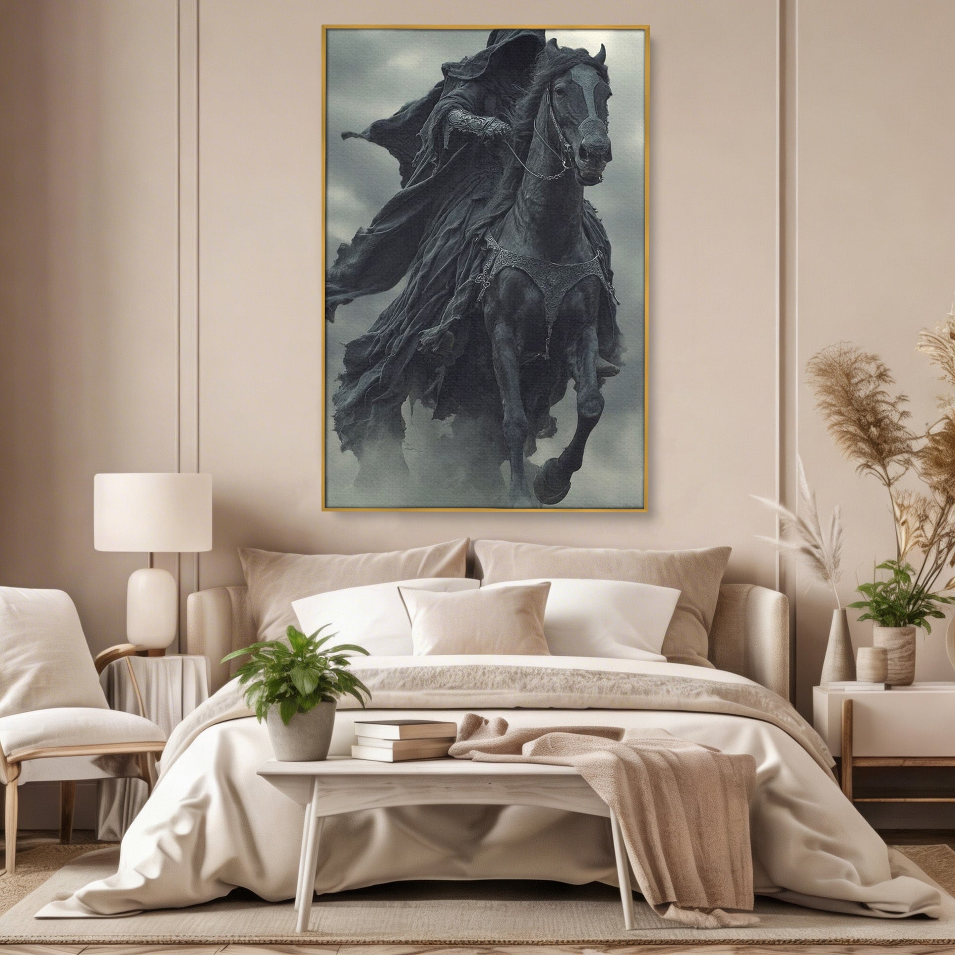 Tablou Canvas Premium LuxCanva® PI1140, Cavalerul Intunecat, Soldat, Cal, Fantezie, Intuneric, Mister, Living, Dormitor, Culori Vibrante