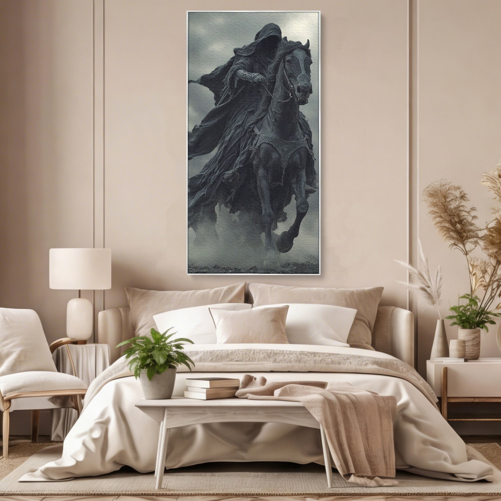 Tablou Canvas Premium LuxCanva® PI1140, Cavalerul Intunecat, Soldat, Cal, Fantezie, Intuneric, Mister, Living, Dormitor, Culori Vibrante