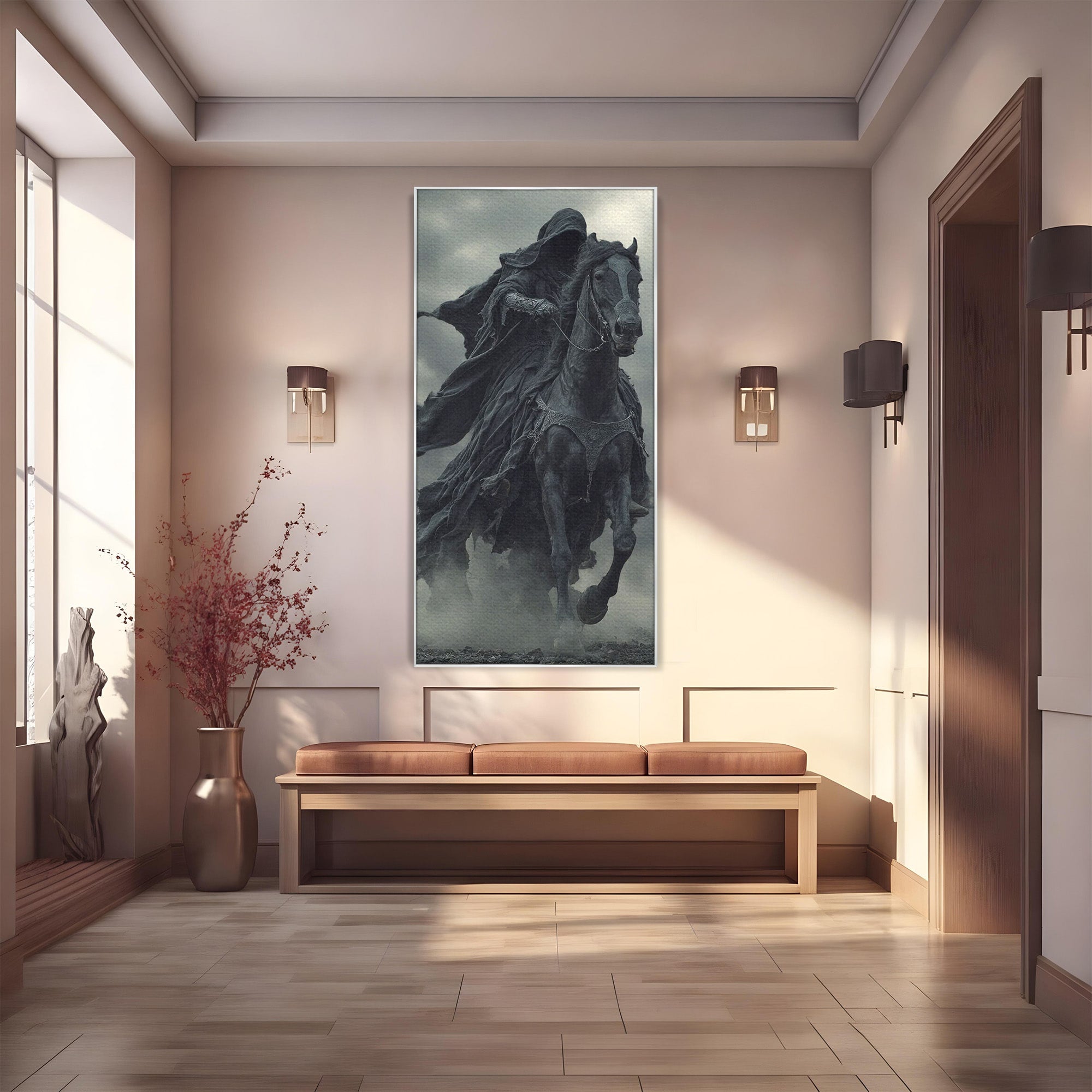 Tablou Canvas Premium LuxCanva® PI1140, Cavalerul Intunecat, Soldat, Cal, Fantezie, Intuneric, Mister, Living, Dormitor, Culori Vibrante