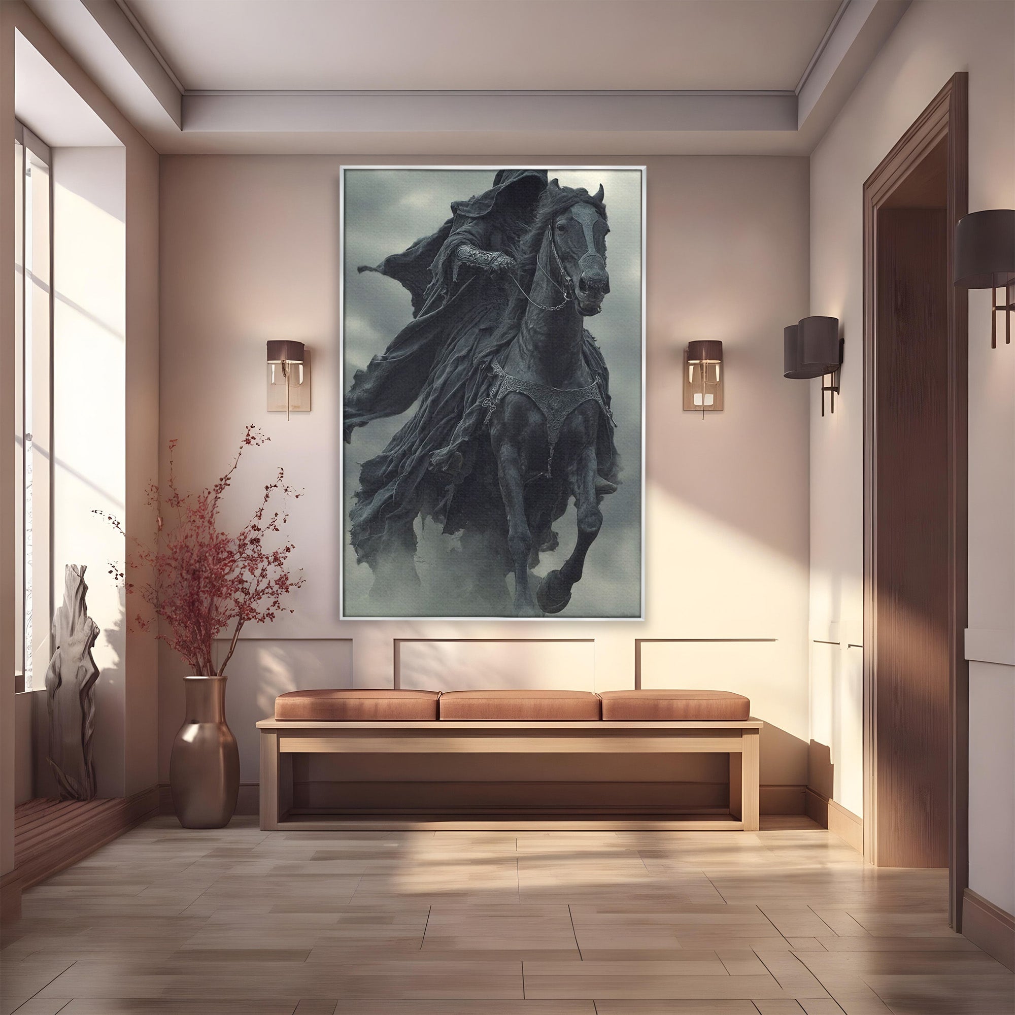 Tablou Canvas Premium LuxCanva® PI1140, Cavalerul Intunecat, Soldat, Cal, Fantezie, Intuneric, Mister, Living, Dormitor, Culori Vibrante