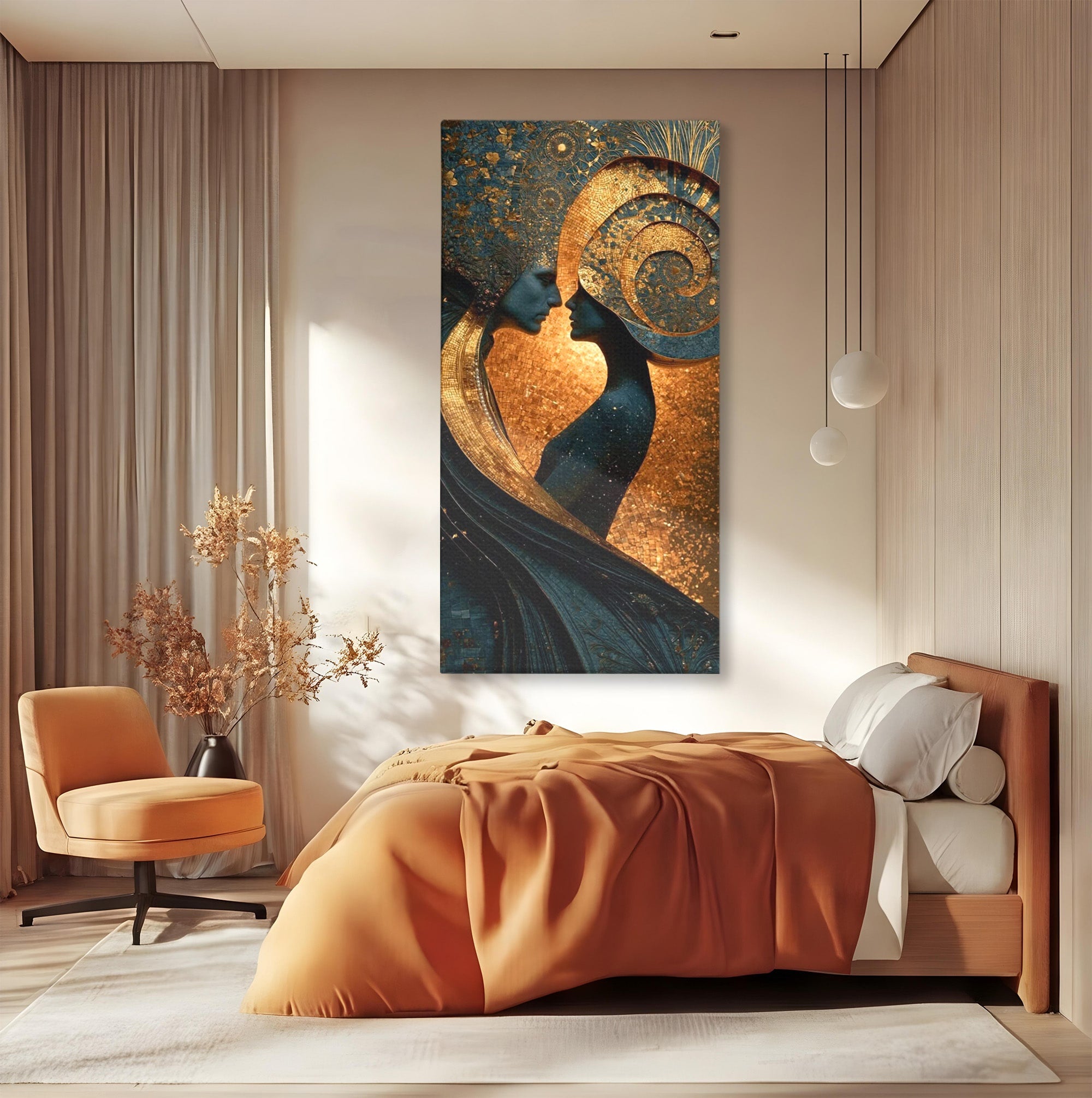 Tablou Canvas Premium LuxCanva® PI1141, Spirala Aurie, Iubire, Cuplu, Abstract, Arta, Dormitor, Culori Vibrante