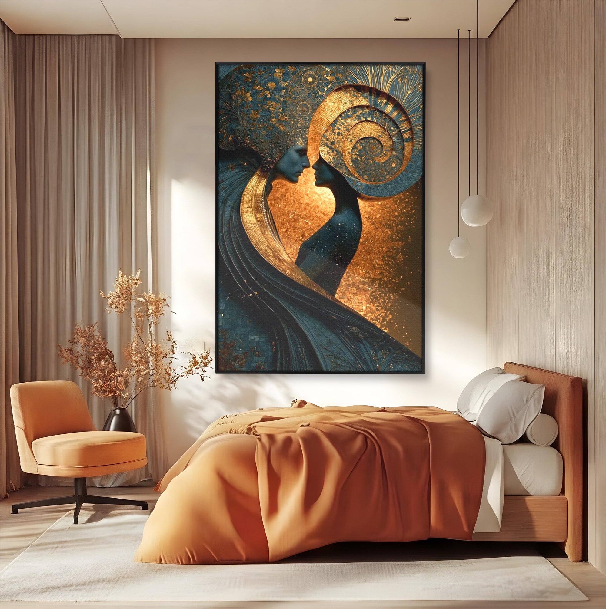 Tablou Canvas Premium LuxCanva® PI1141, Spirala Aurie, Iubire, Cuplu, Abstract, Arta, Dormitor, Culori Vibrante