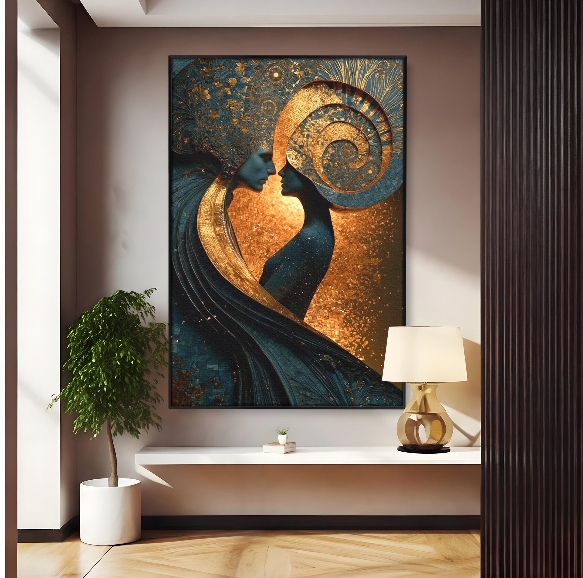 Tablou Canvas Premium LuxCanva® PI1141, Spirala Aurie, Iubire, Cuplu, Abstract, Arta, Dormitor, Culori Vibrante