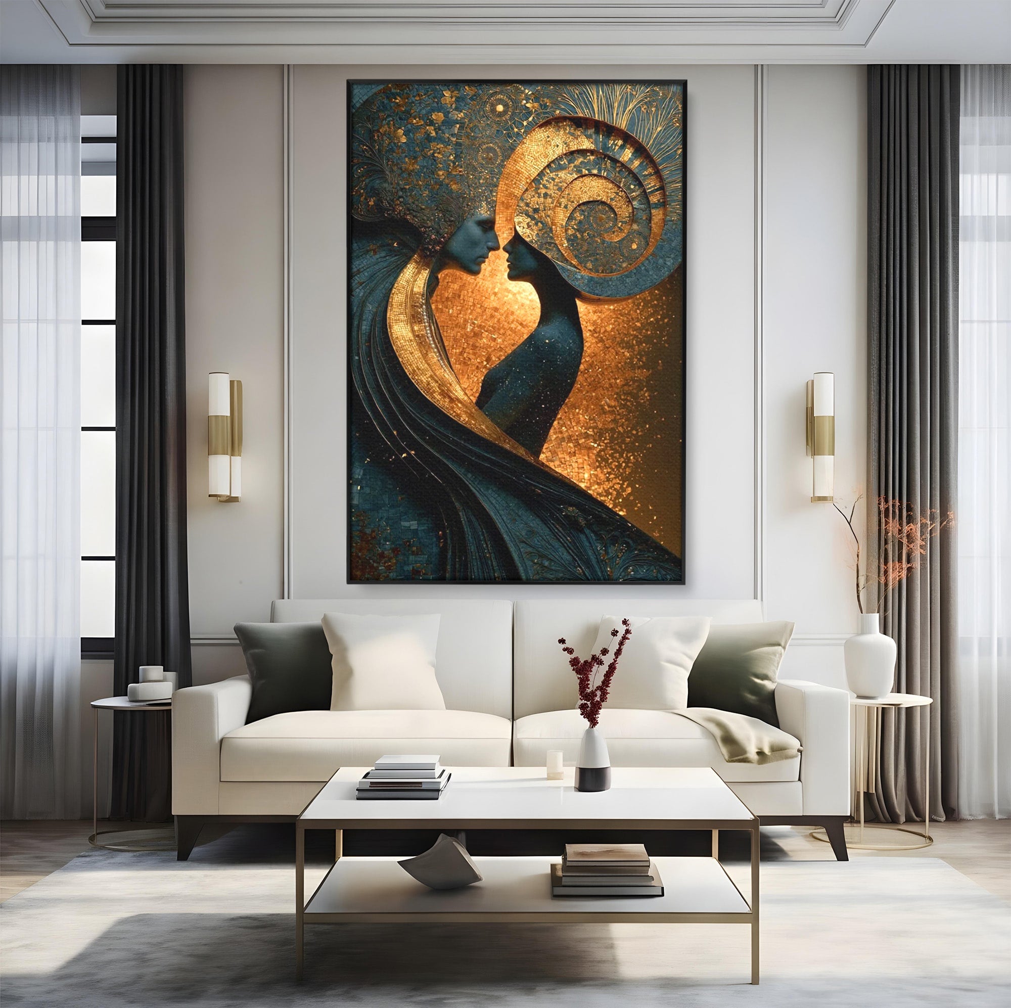 Tablou Canvas Premium LuxCanva® PI1141, Spirala Aurie, Iubire, Cuplu, Abstract, Arta, Dormitor, Culori Vibrante