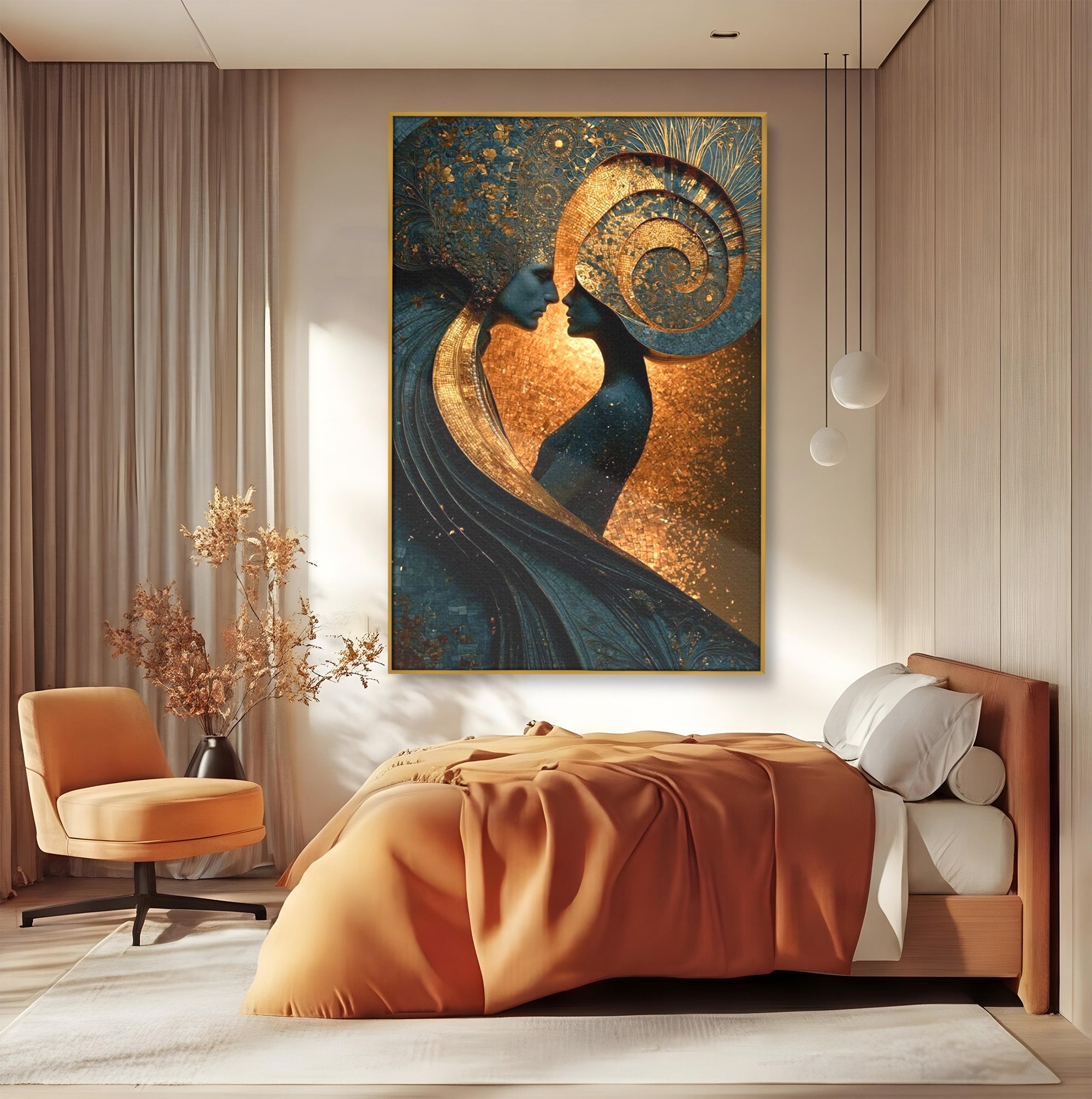 Tablou Canvas Premium LuxCanva® PI1141, Spirala Aurie, Iubire, Cuplu, Abstract, Arta, Dormitor, Culori Vibrante