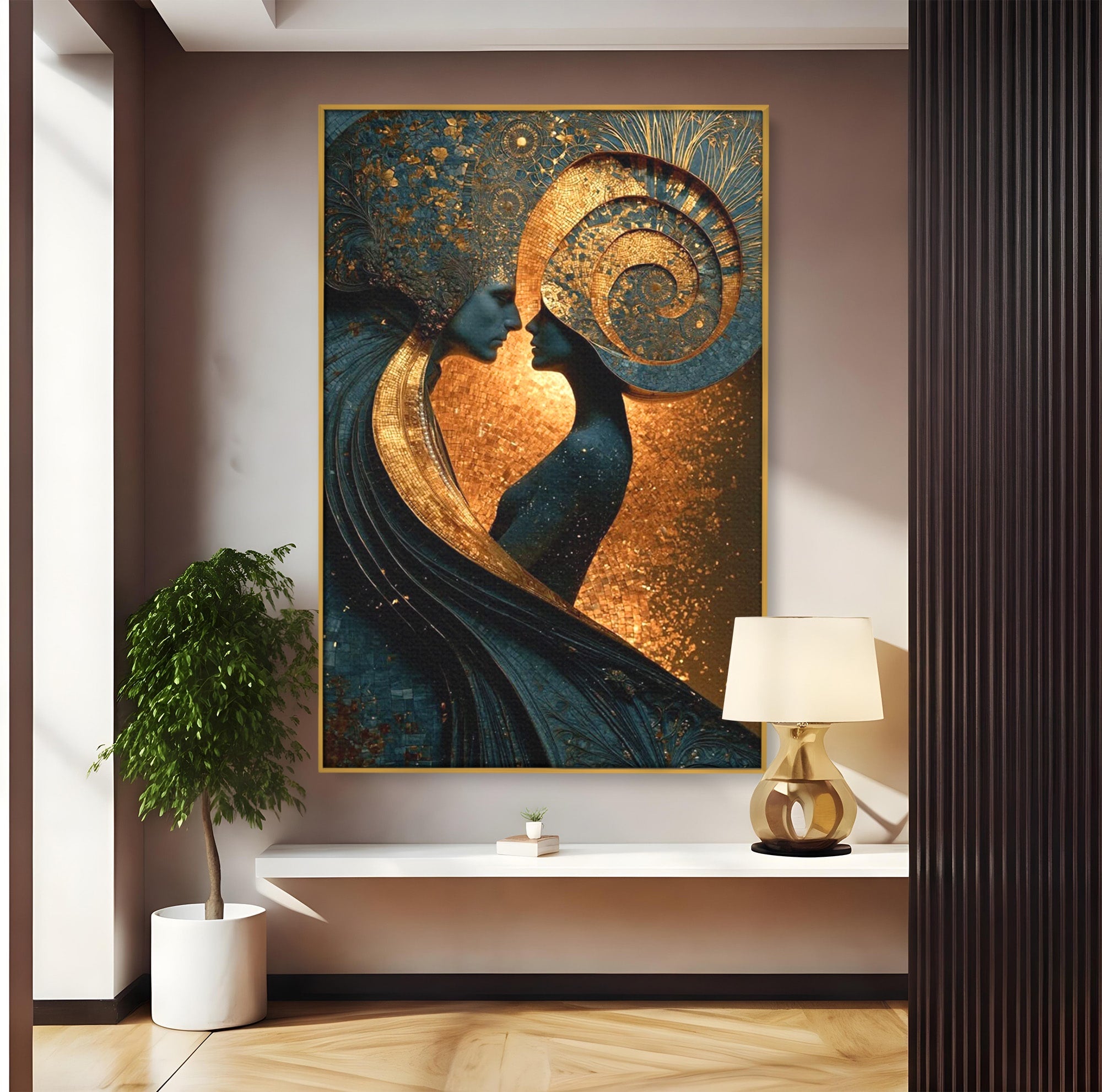 Tablou Canvas Premium LuxCanva® PI1141, Spirala Aurie, Iubire, Cuplu, Abstract, Arta, Dormitor, Culori Vibrante