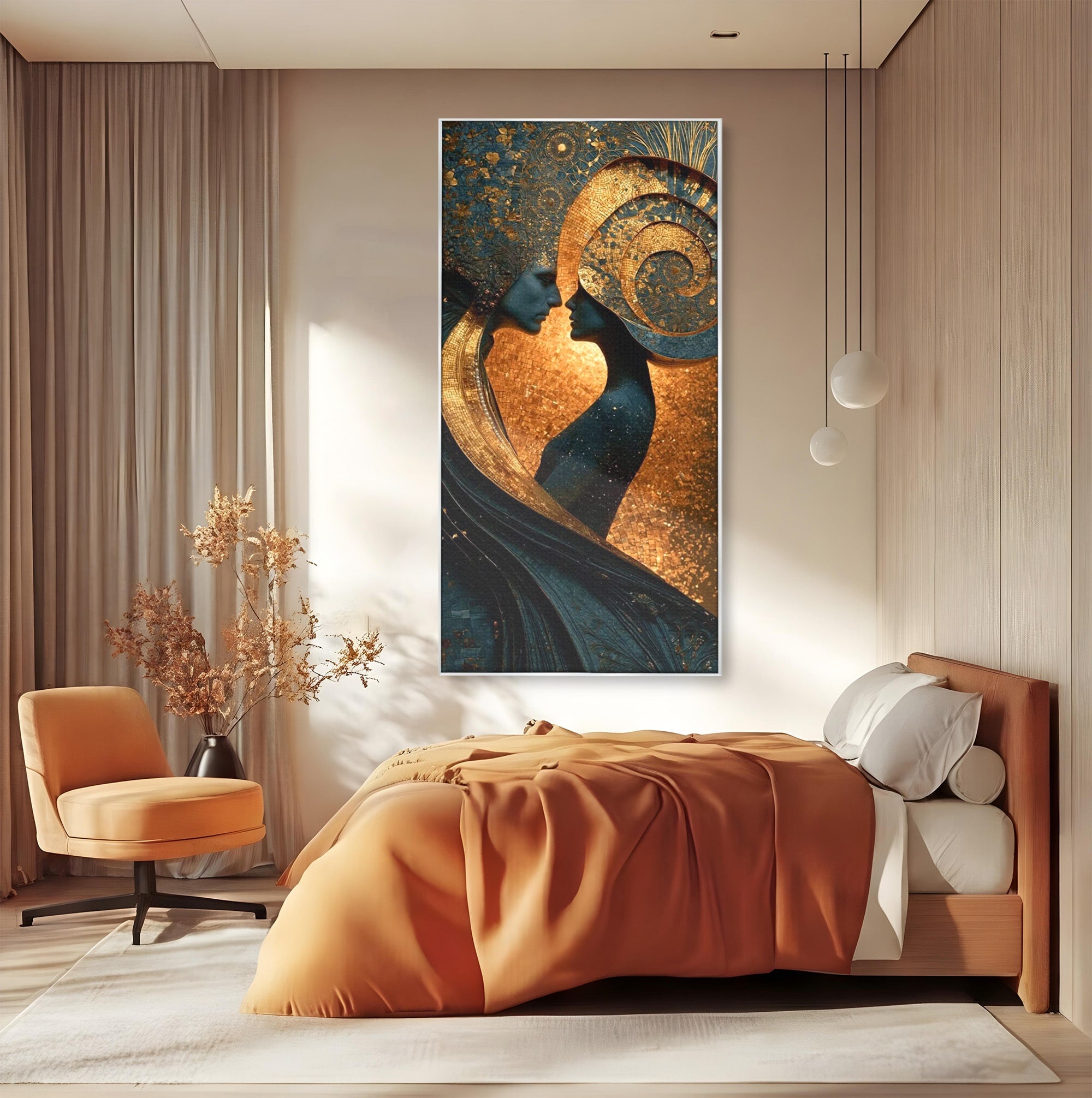 Tablou Canvas Premium LuxCanva® PI1141, Spirala Aurie, Iubire, Cuplu, Abstract, Arta, Dormitor, Culori Vibrante