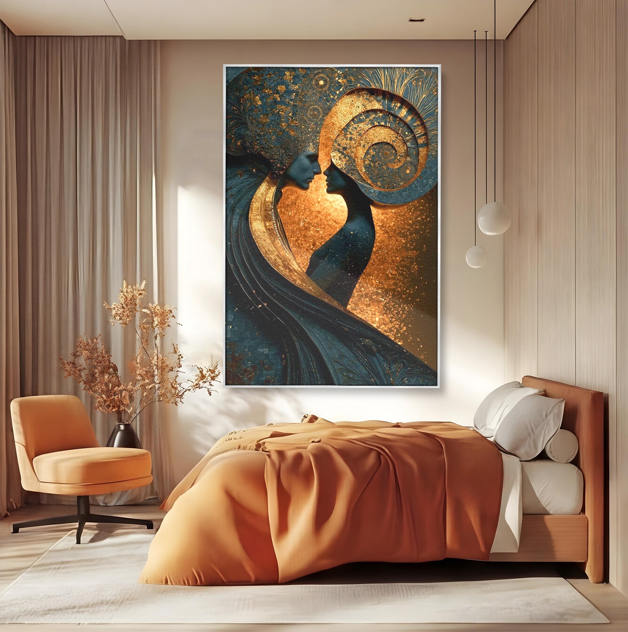 Tablou Canvas Premium LuxCanva® PI1141, Spirala Aurie, Iubire, Cuplu, Abstract, Arta, Dormitor, Culori Vibrante