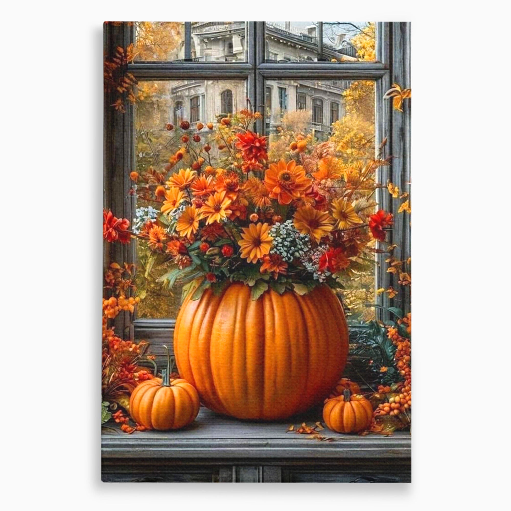 Tablou Canvas Premium LuxCanva® PI1142, Toamna Cu Dovleci, Decor, Flori, Toamna, Living, Natura, Magie, Ferestre, Culori Vibrante