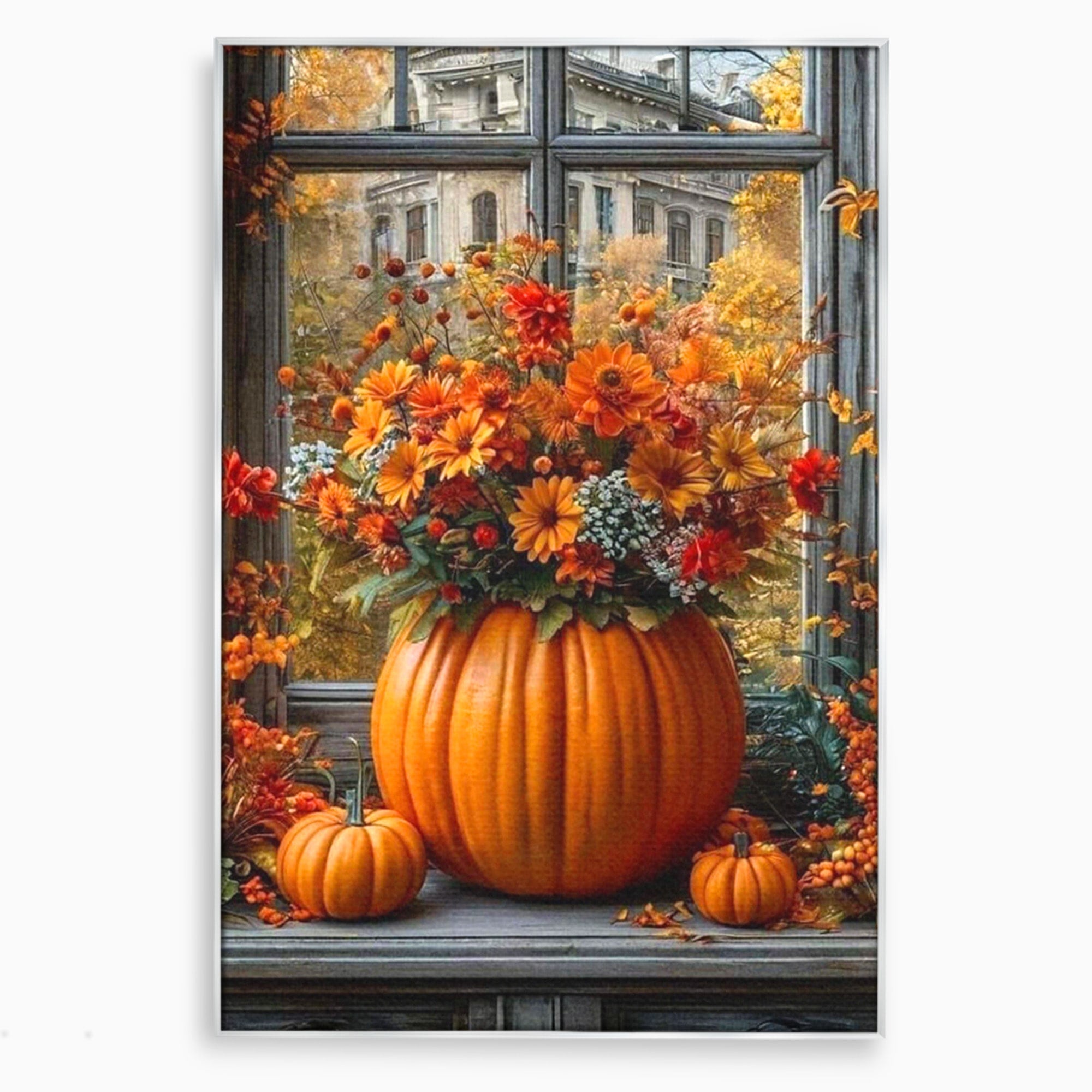 Tablou Canvas Premium LuxCanva® PI1142, Toamna Cu Dovleci, Decor, Flori, Toamna, Living, Natura, Magie, Ferestre, Culori Vibrante