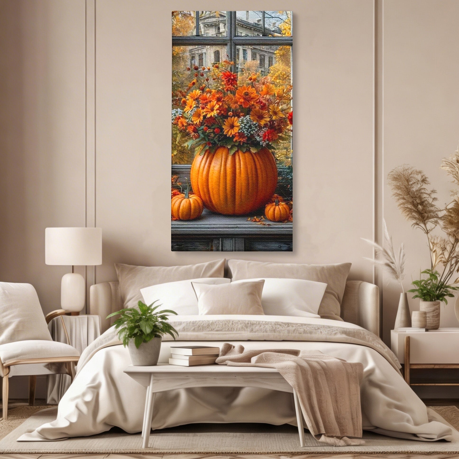 Tablou Canvas Premium LuxCanva® PI1142, Toamna Cu Dovleci, Decor, Flori, Toamna, Living, Natura, Magie, Ferestre, Culori Vibrante