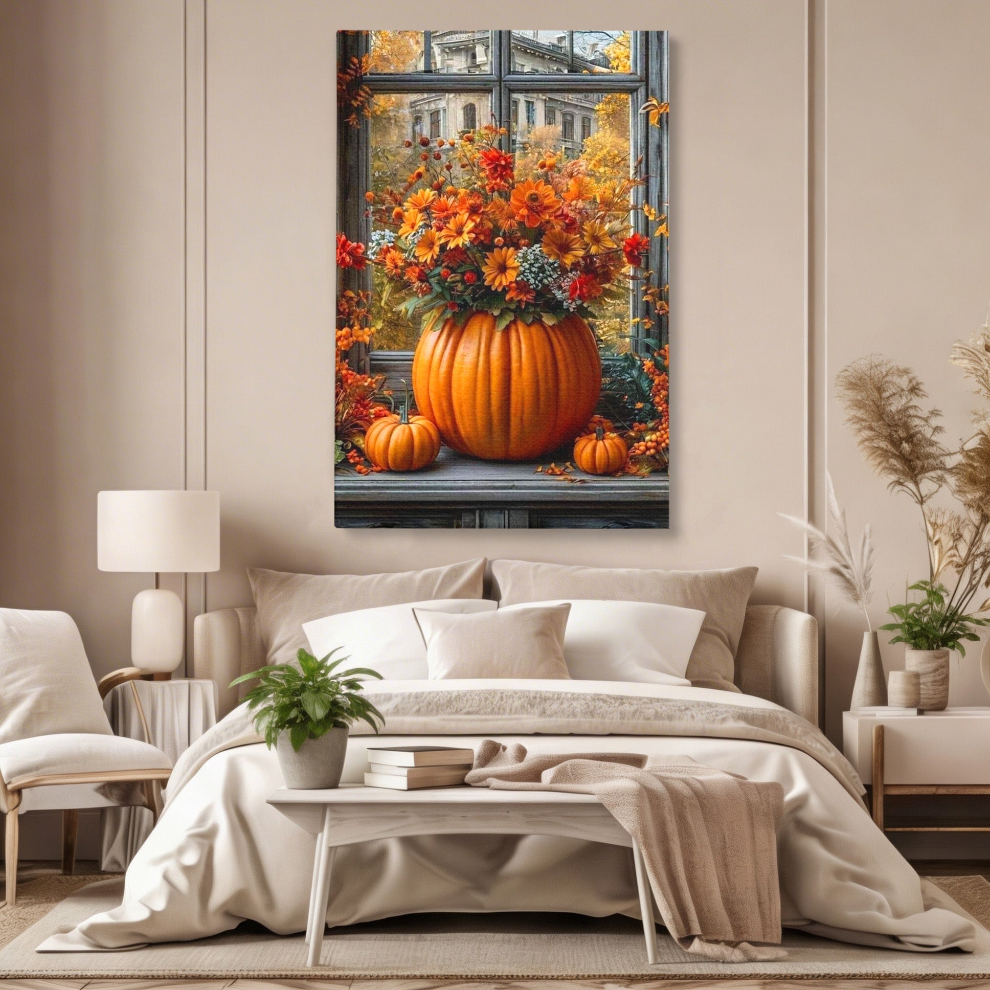 Tablou Canvas Premium LuxCanva® PI1142, Toamna Cu Dovleci, Decor, Flori, Toamna, Living, Natura, Magie, Ferestre, Culori Vibrante