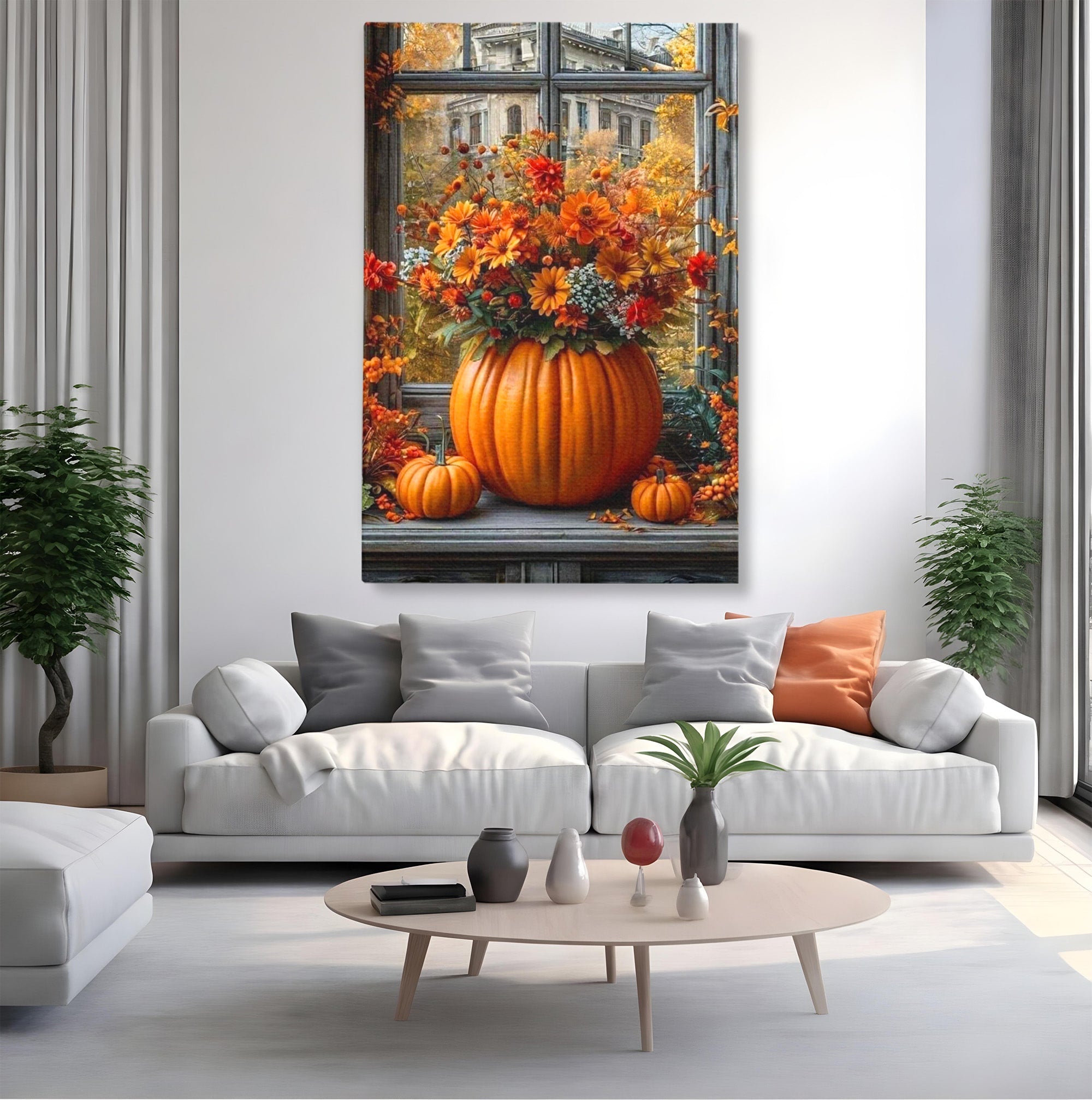 Tablou Canvas Premium LuxCanva® PI1142, Toamna Cu Dovleci, Decor, Flori, Toamna, Living, Natura, Magie, Ferestre, Culori Vibrante