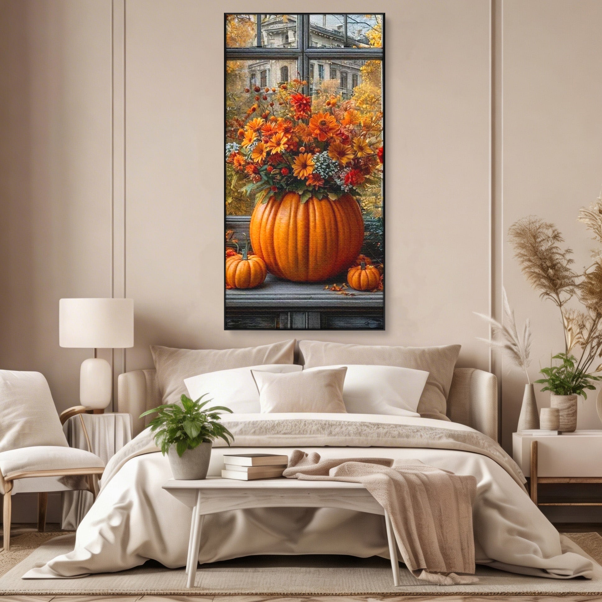 Tablou Canvas Premium LuxCanva® PI1142, Toamna Cu Dovleci, Decor, Flori, Toamna, Living, Natura, Magie, Ferestre, Culori Vibrante