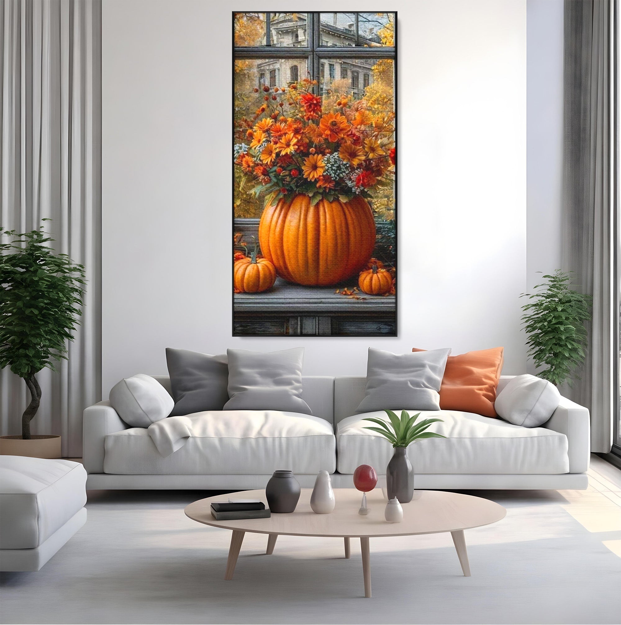 Tablou Canvas Premium LuxCanva® PI1142, Toamna Cu Dovleci, Decor, Flori, Toamna, Living, Natura, Magie, Ferestre, Culori Vibrante