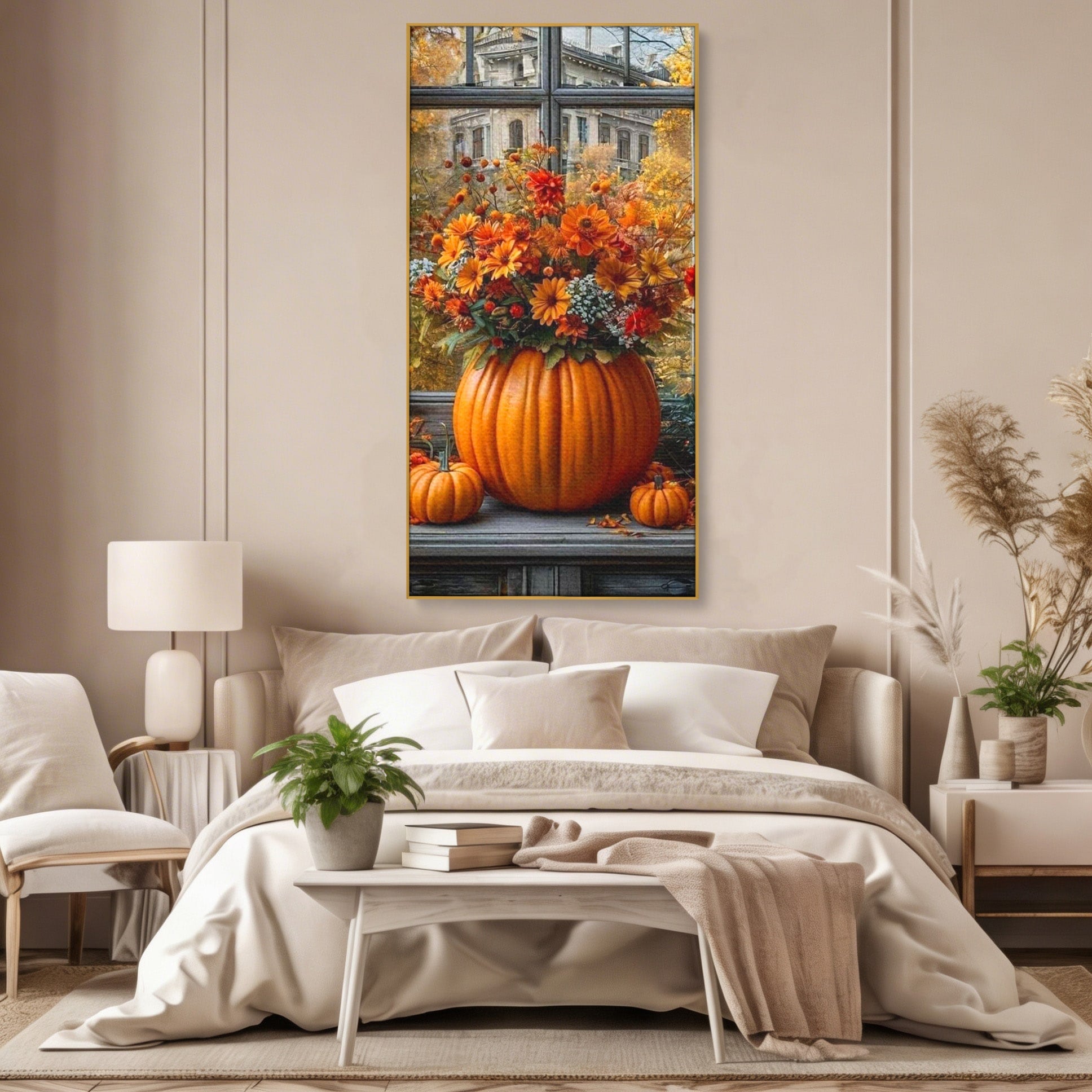 Tablou Canvas Premium LuxCanva® PI1142, Toamna Cu Dovleci, Decor, Flori, Toamna, Living, Natura, Magie, Ferestre, Culori Vibrante