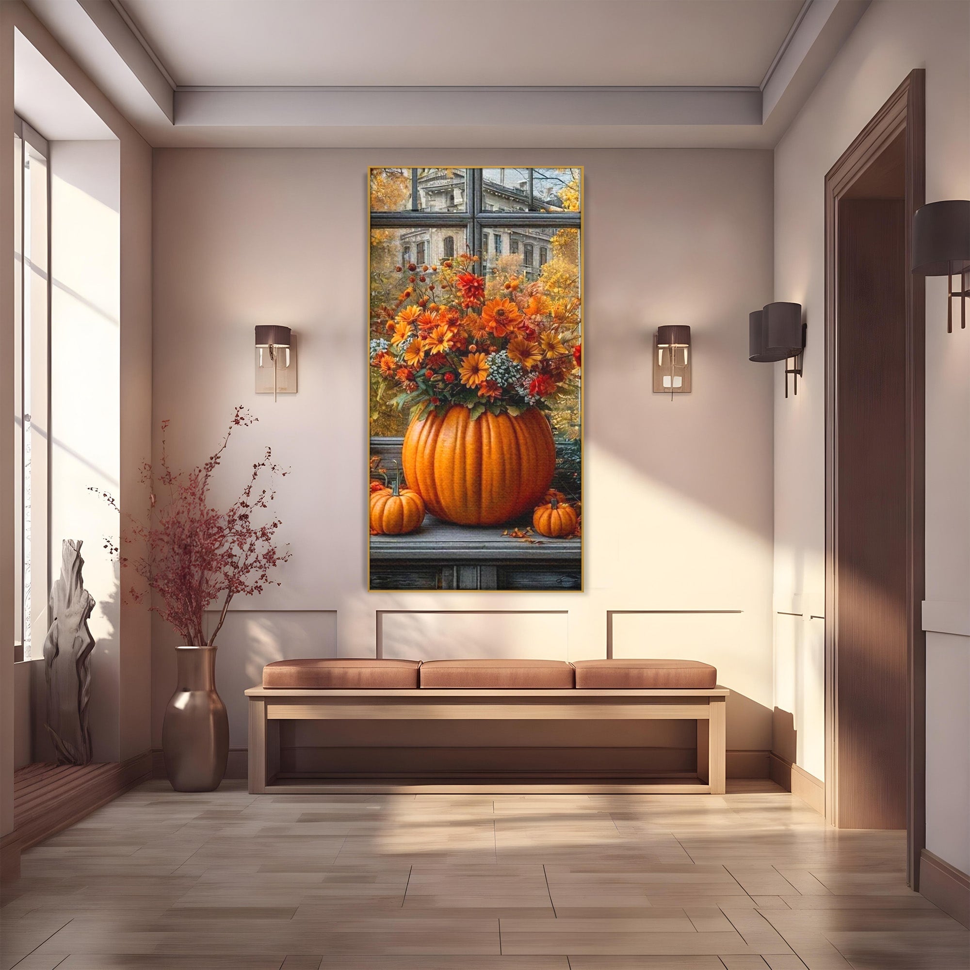 Tablou Canvas Premium LuxCanva® PI1142, Toamna Cu Dovleci, Decor, Flori, Toamna, Living, Natura, Magie, Ferestre, Culori Vibrante