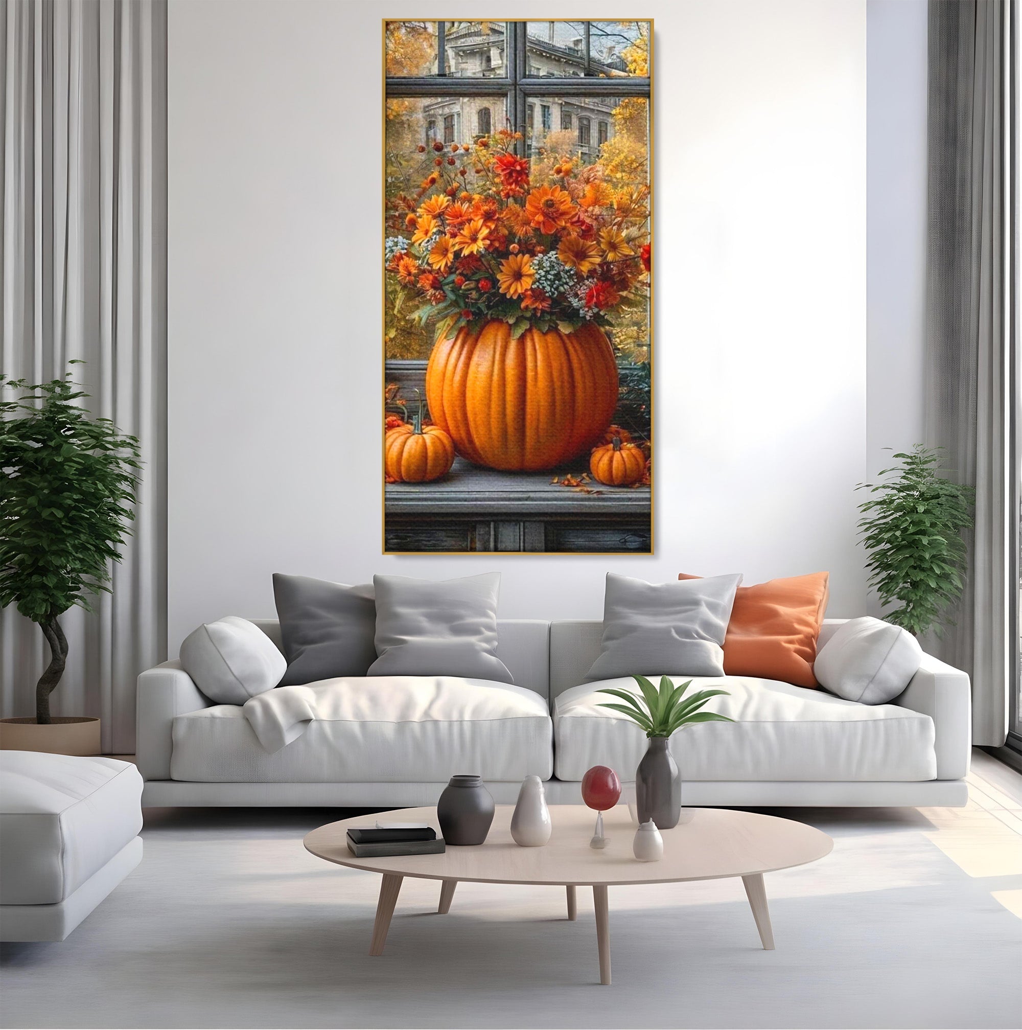 Tablou Canvas Premium LuxCanva® PI1142, Toamna Cu Dovleci, Decor, Flori, Toamna, Living, Natura, Magie, Ferestre, Culori Vibrante