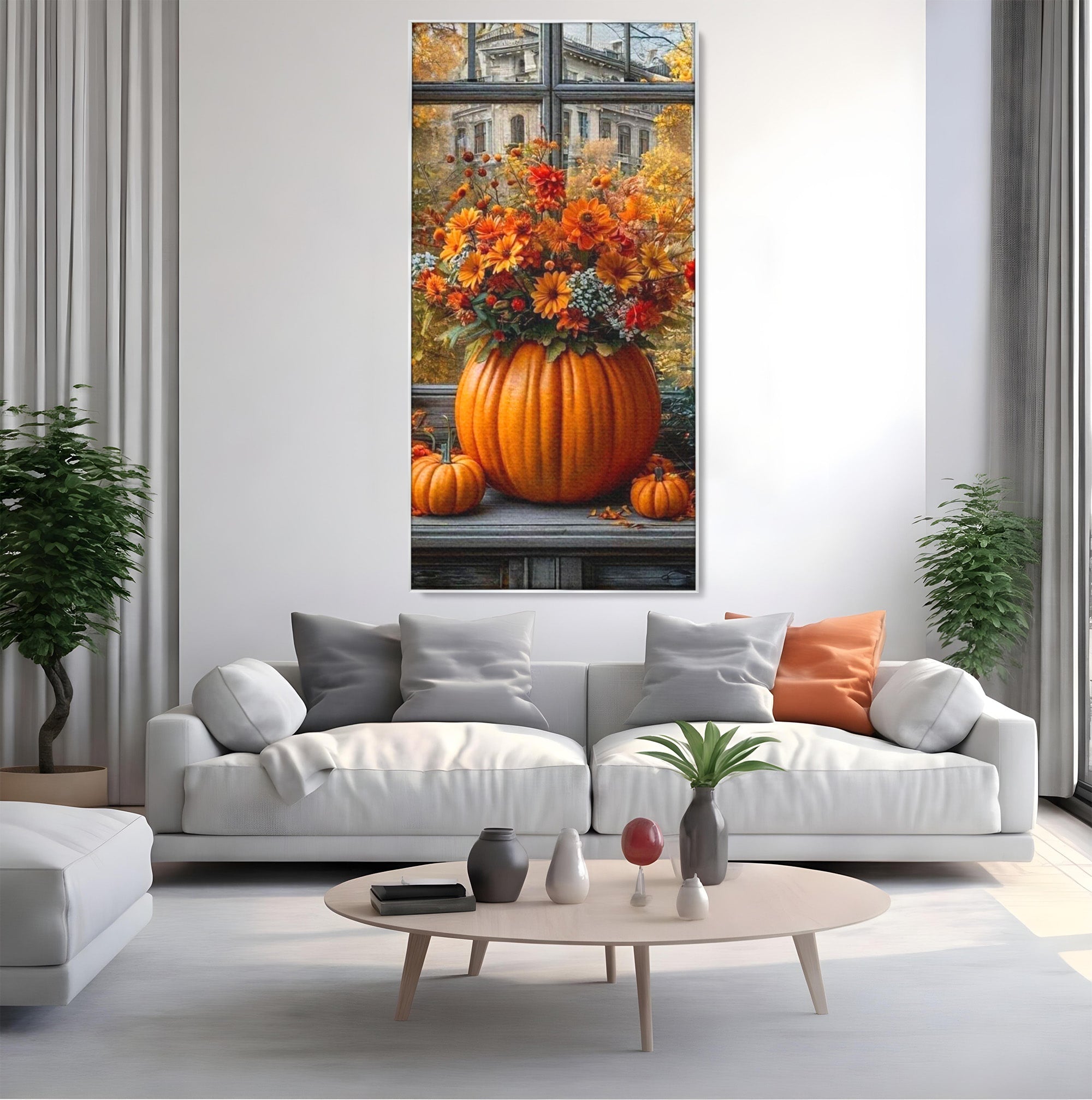 Tablou Canvas Premium LuxCanva® PI1142, Toamna Cu Dovleci, Decor, Flori, Toamna, Living, Natura, Magie, Ferestre, Culori Vibrante