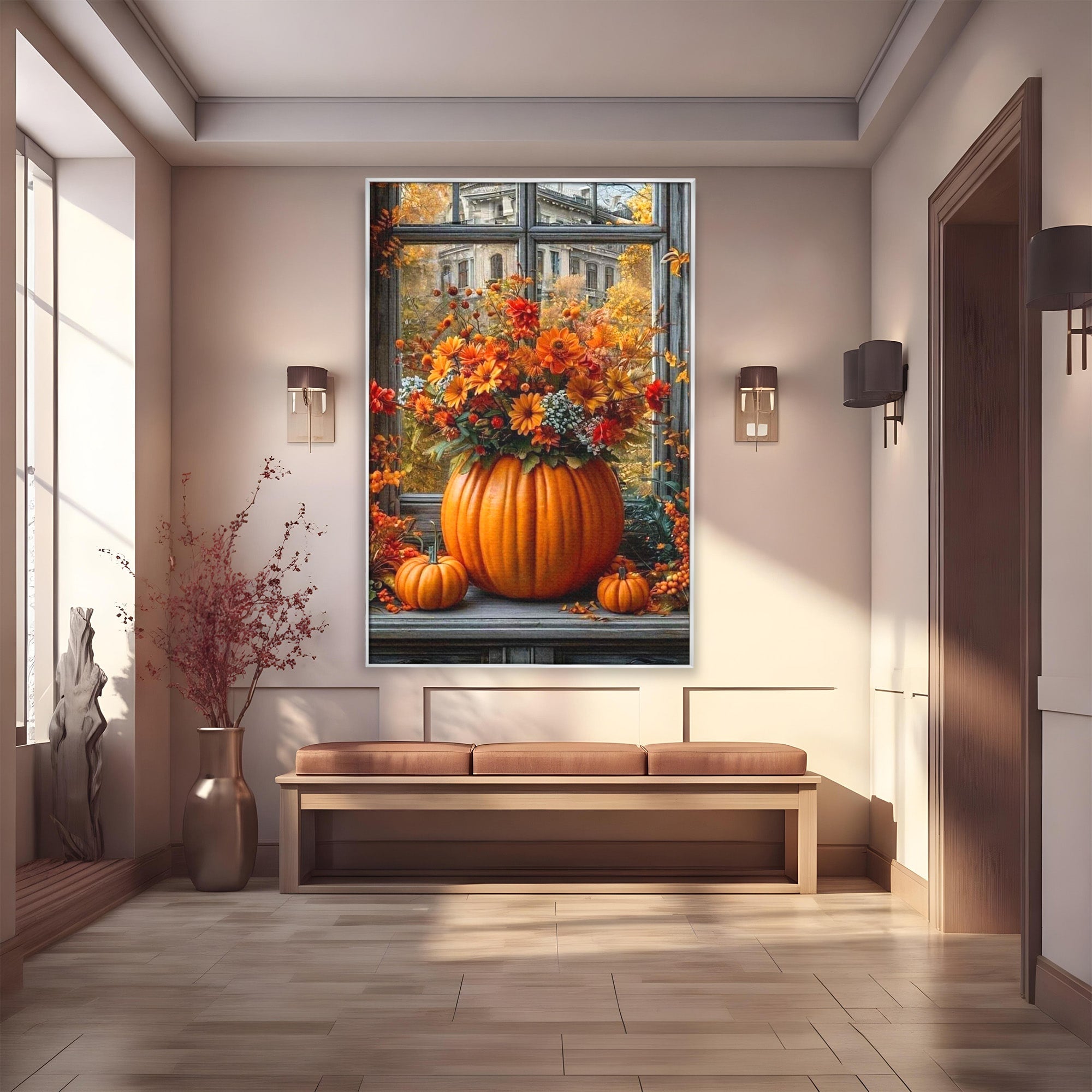 Tablou Canvas Premium LuxCanva® PI1142, Toamna Cu Dovleci, Decor, Flori, Toamna, Living, Natura, Magie, Ferestre, Culori Vibrante