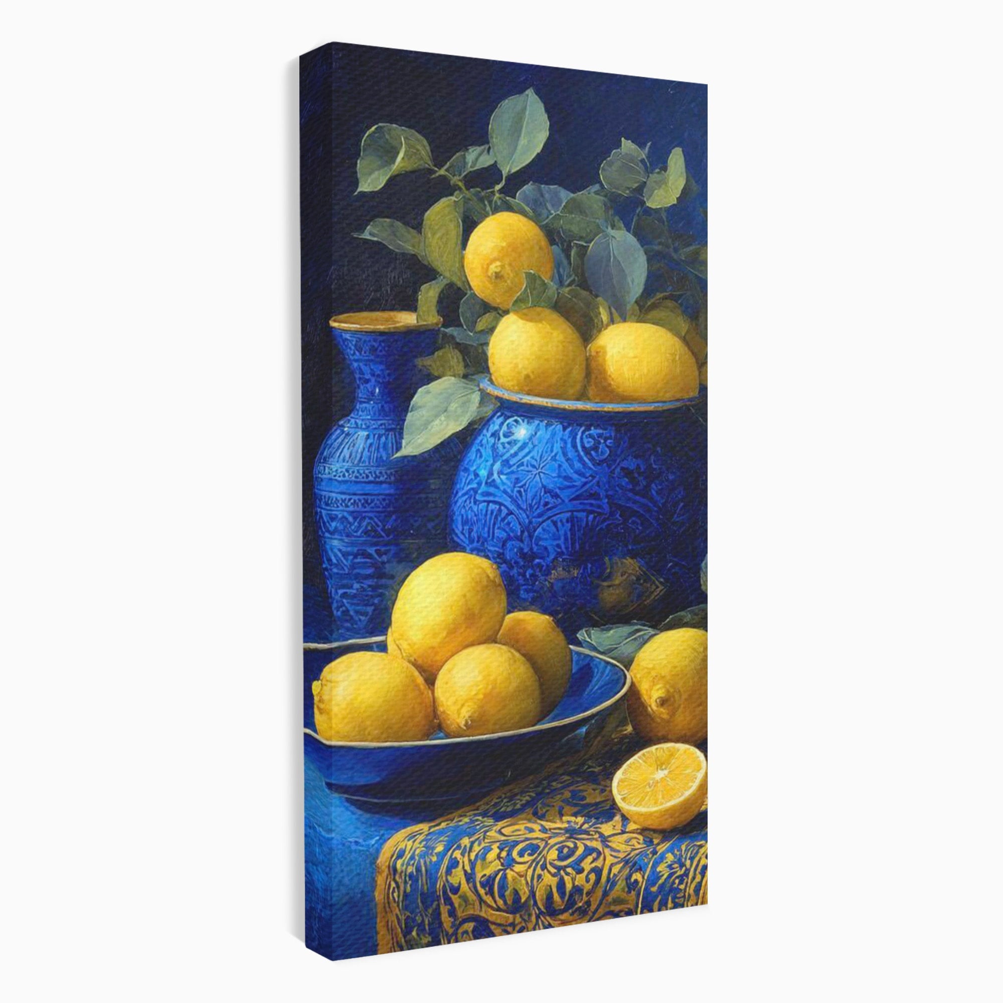 Tablou Canvas Premium LuxCanva® PI1143, Lamai In Vase Albastre, Citrice, Galben, Arta, Clasica, Natura, Statica, Living, Bucatarie, Culori Vibrante