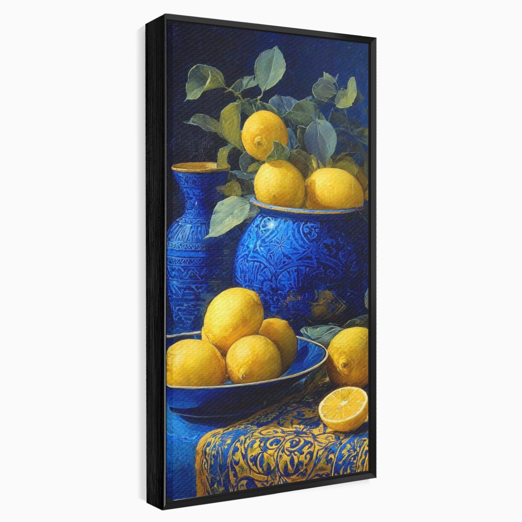 Tablou Canvas Premium LuxCanva® PI1143, Lamai In Vase Albastre, Citrice, Galben, Arta, Clasica, Natura, Statica, Living, Bucatarie, Culori Vibrante