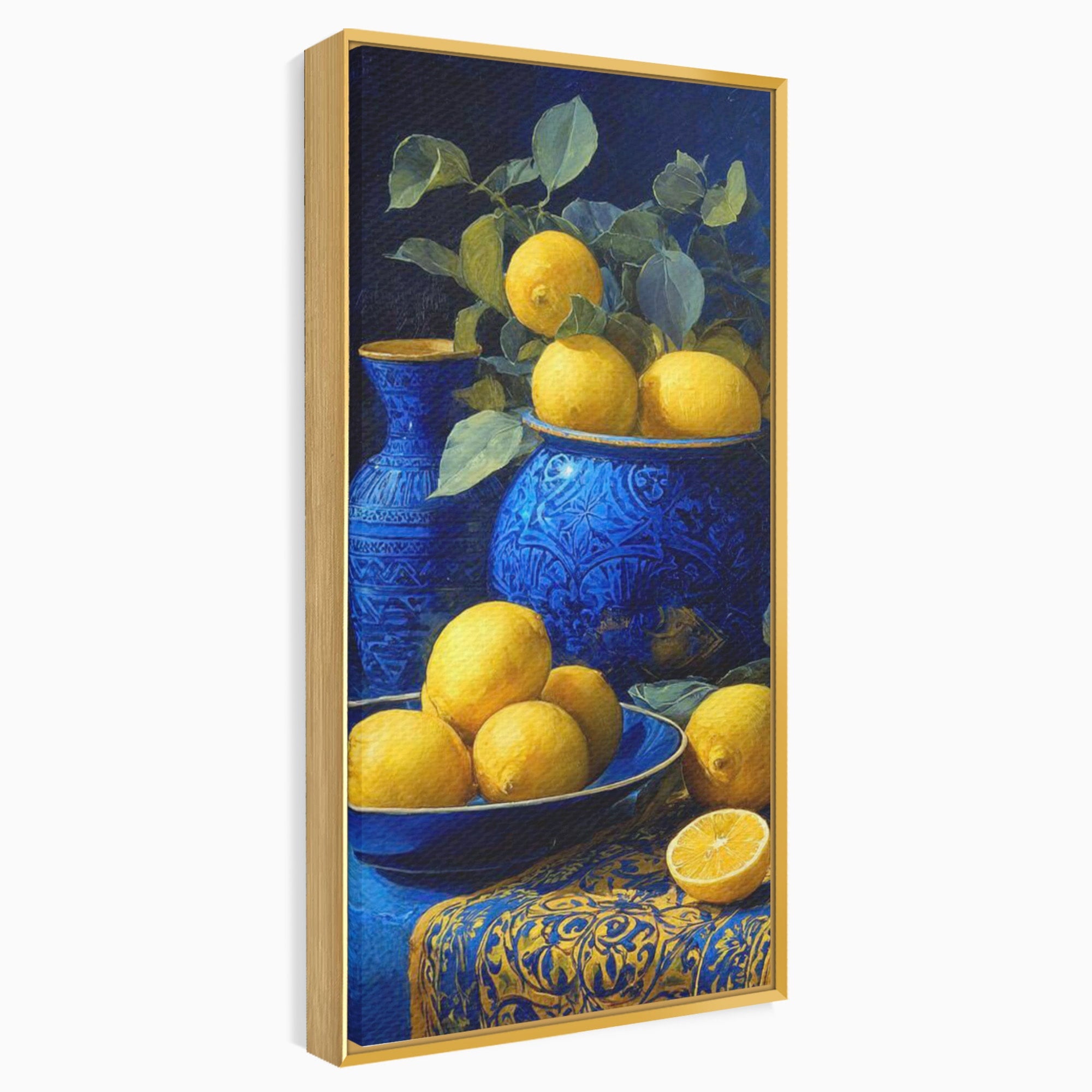 Tablou Canvas Premium LuxCanva® PI1143, Lamai In Vase Albastre, Citrice, Galben, Arta, Clasica, Natura, Statica, Living, Bucatarie, Culori Vibrante