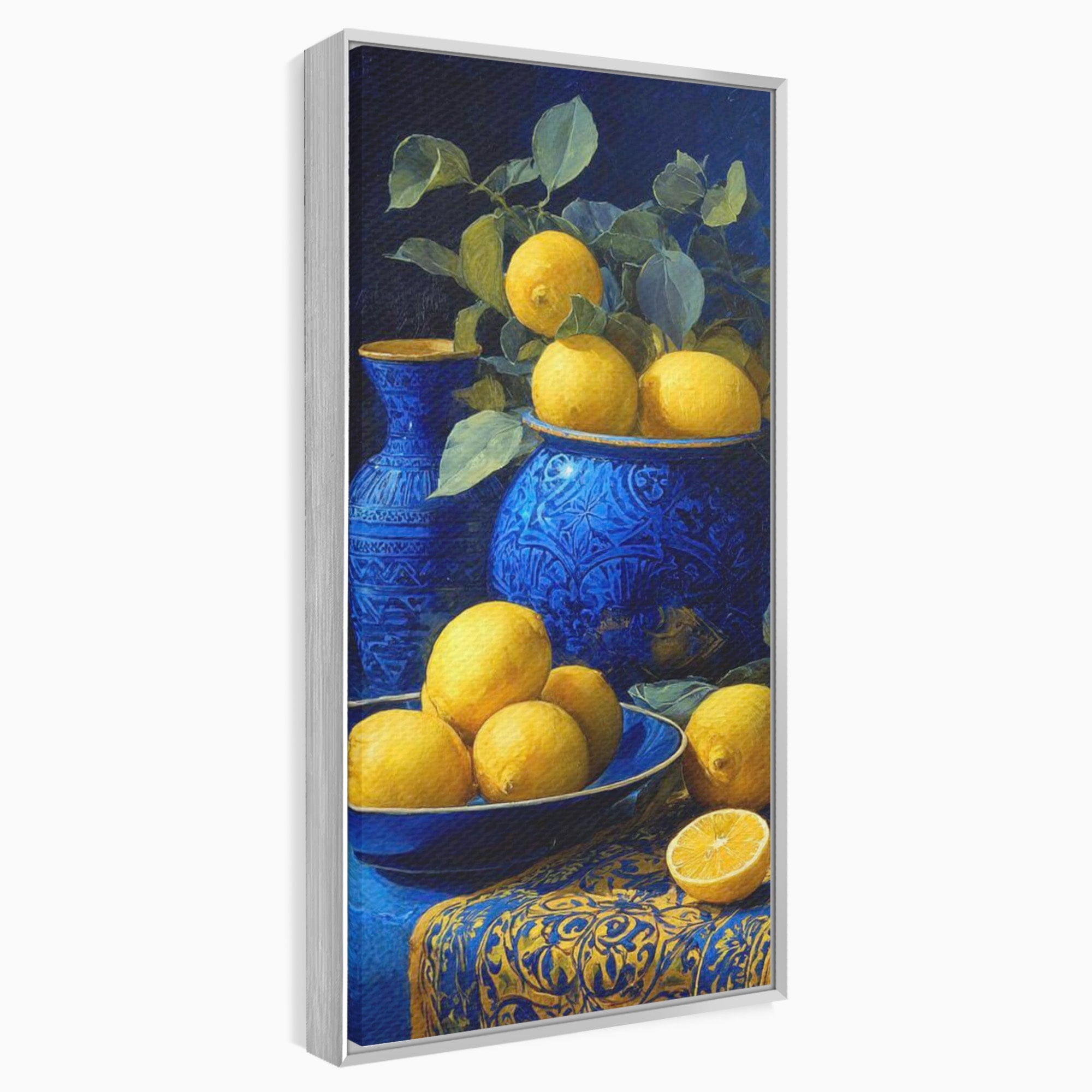 Tablou Canvas Premium LuxCanva® PI1143, Lamai In Vase Albastre, Citrice, Galben, Arta, Clasica, Natura, Statica, Living, Bucatarie, Culori Vibrante