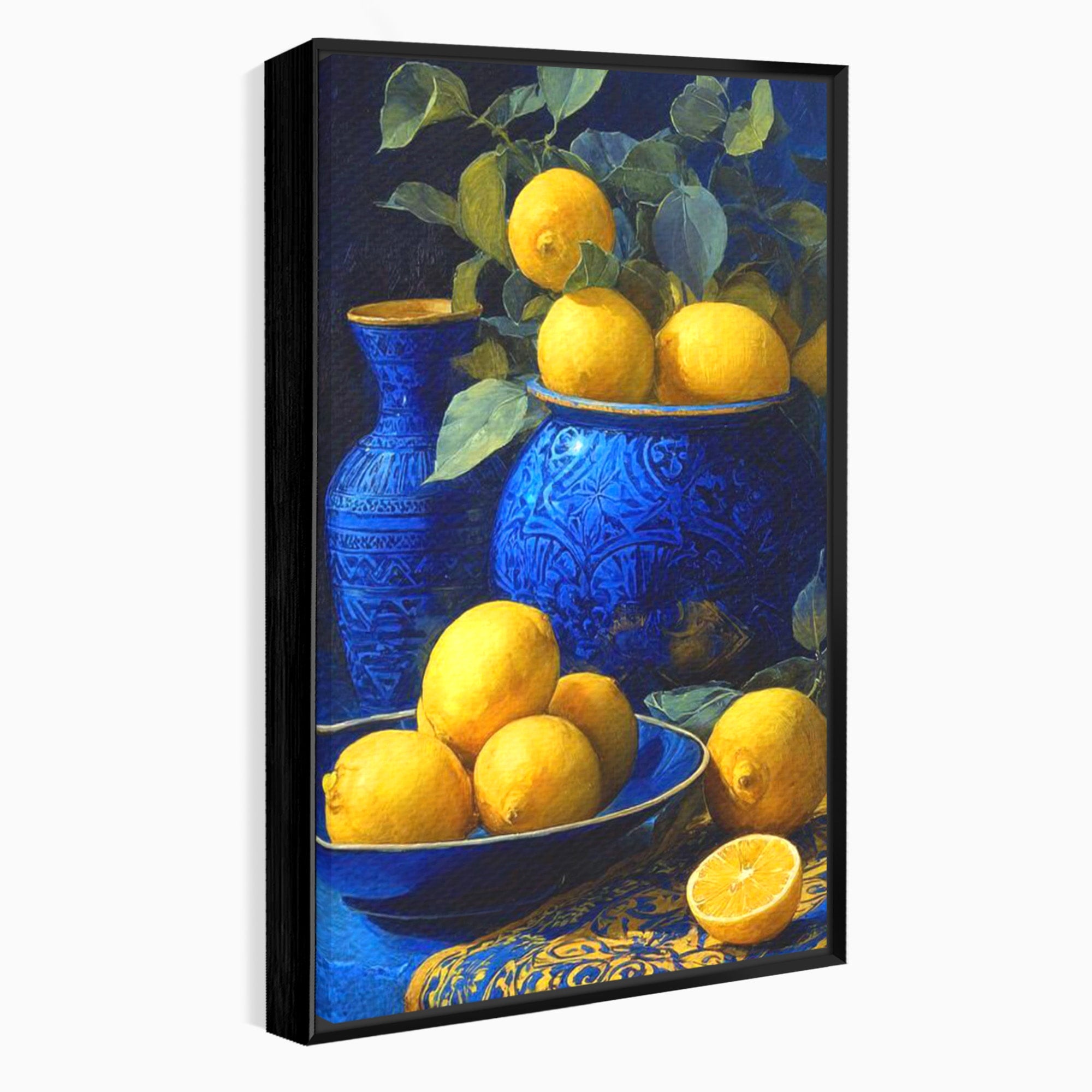 Tablou Canvas Premium LuxCanva® PI1143, Lamai In Vase Albastre, Citrice, Galben, Arta, Clasica, Natura, Statica, Living, Bucatarie, Culori Vibrante